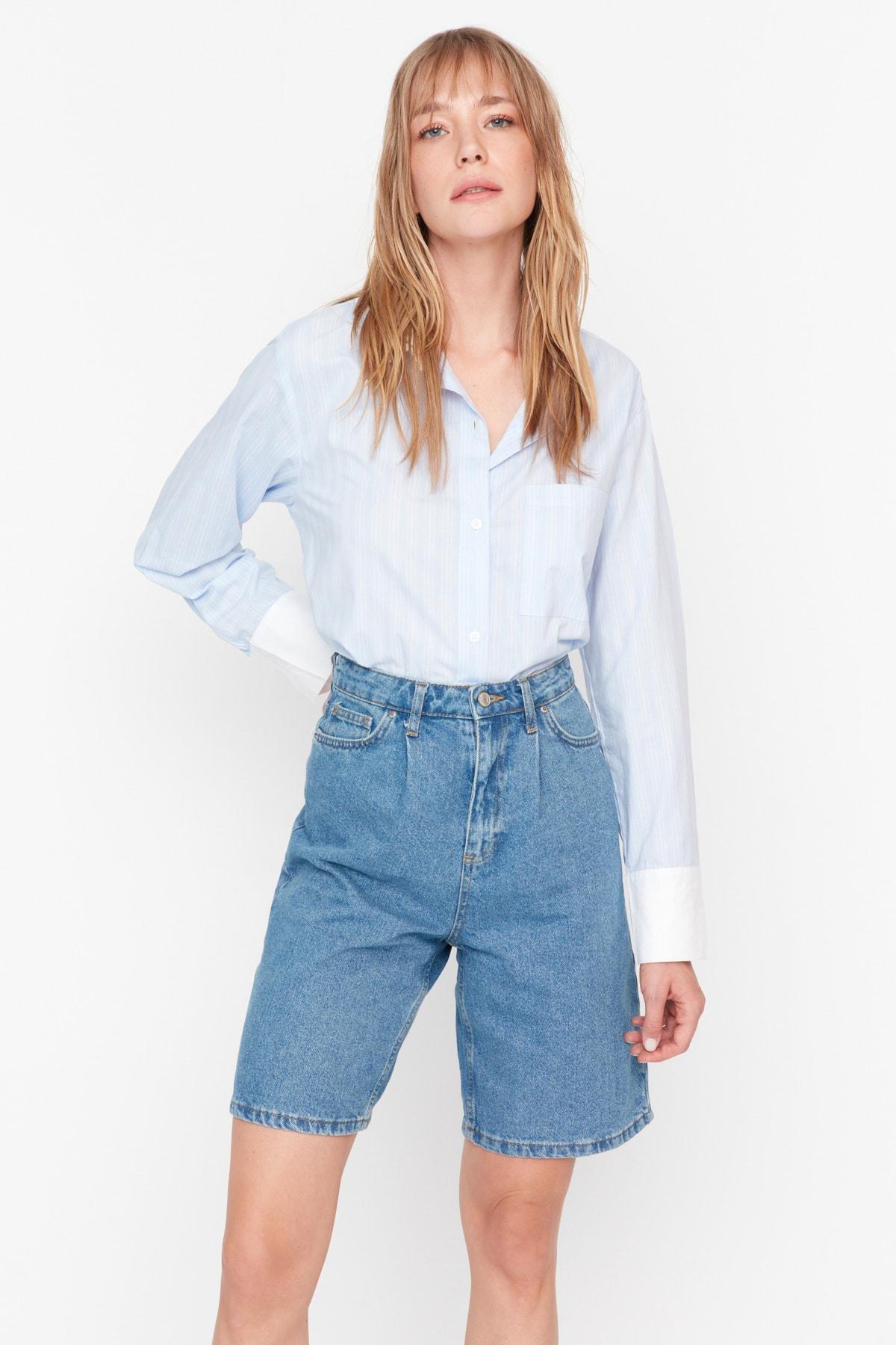 Blue High Waist Shorts, C101_7004, large image number 4