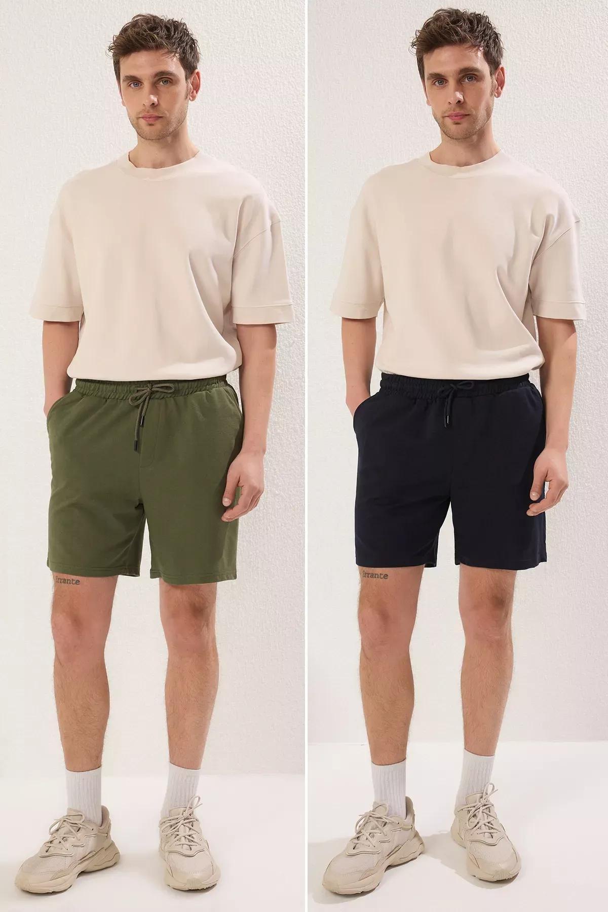 Navy Green Straight Shorts, Navy Blue-Khaki, large image number 3