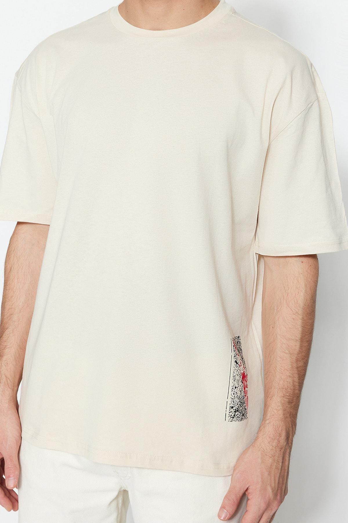 Beige Printed Oversize T-Shirt, Beige, large image number 3