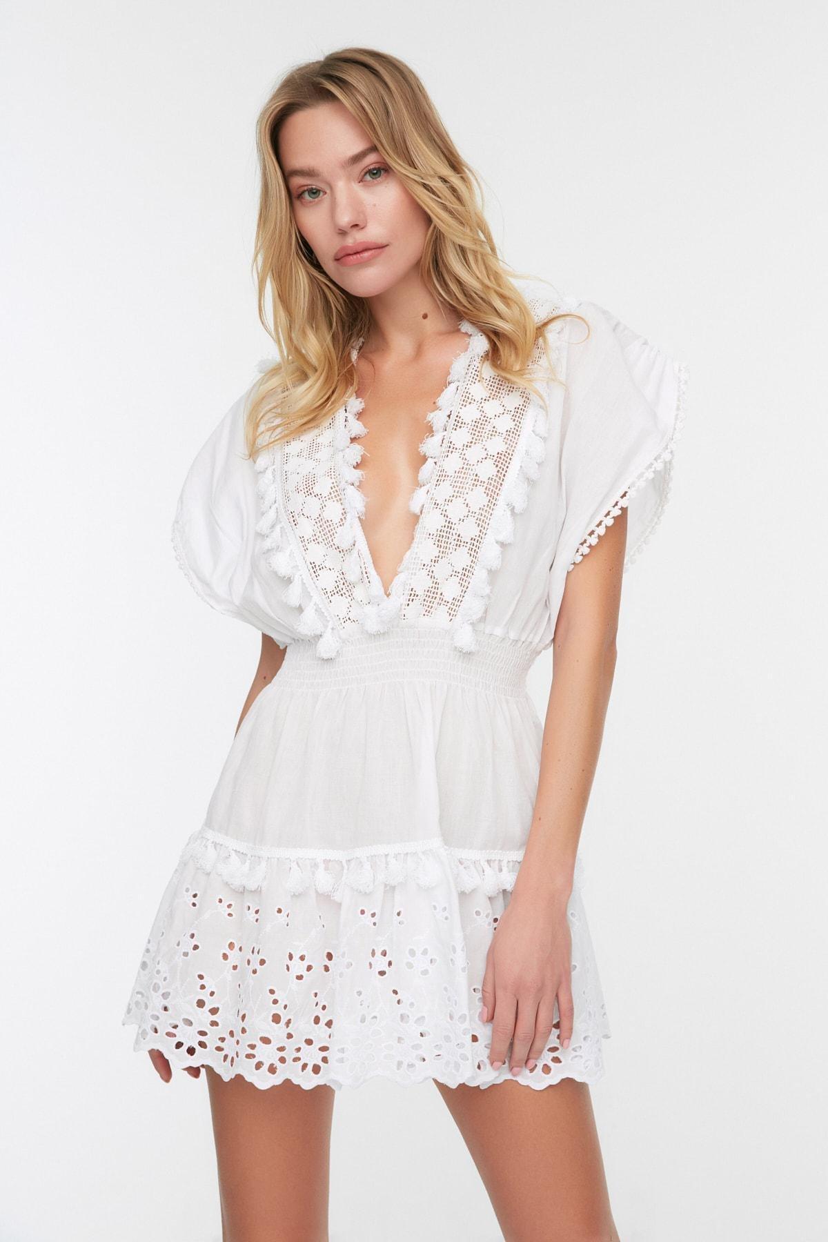 White V Neck Smock Dress, , large image number 3