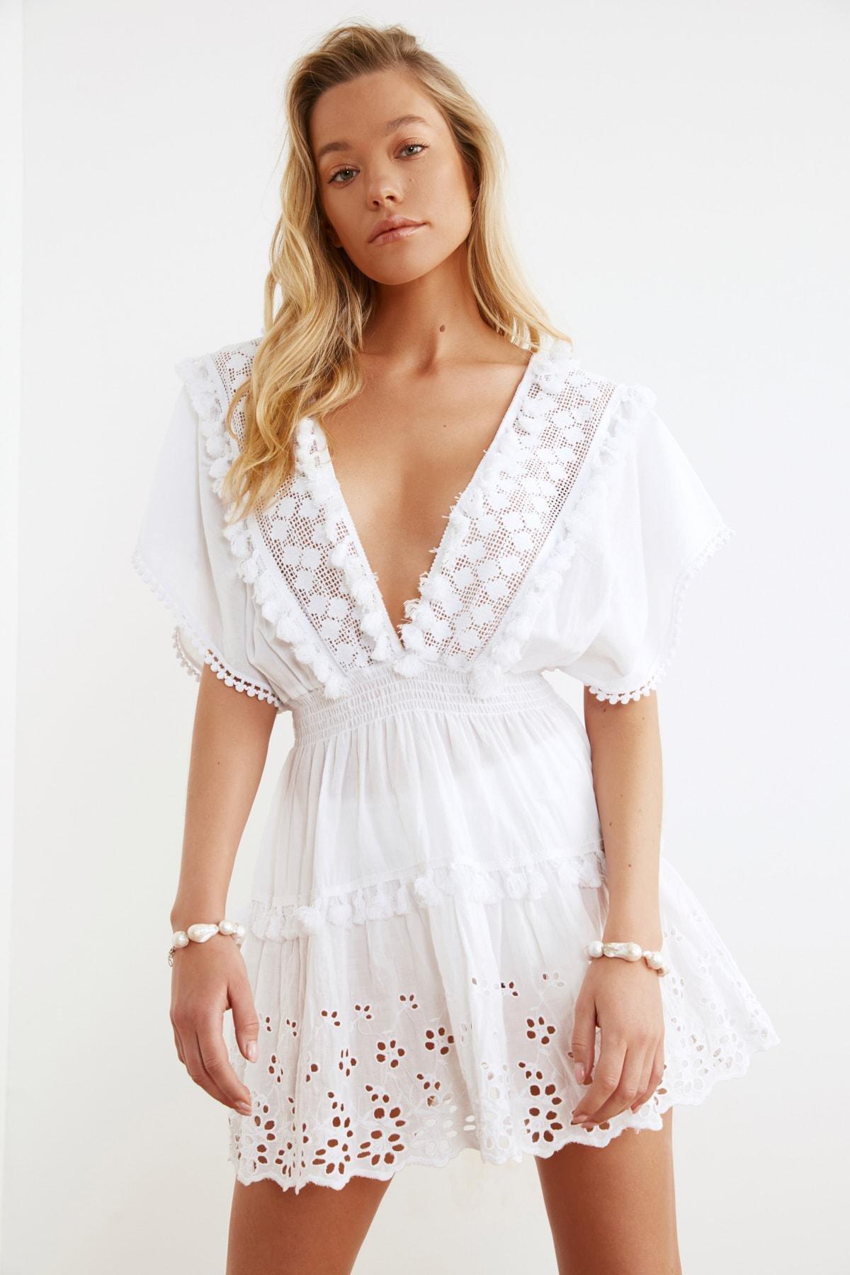 White V Neck Smock Dress, , large image number 6