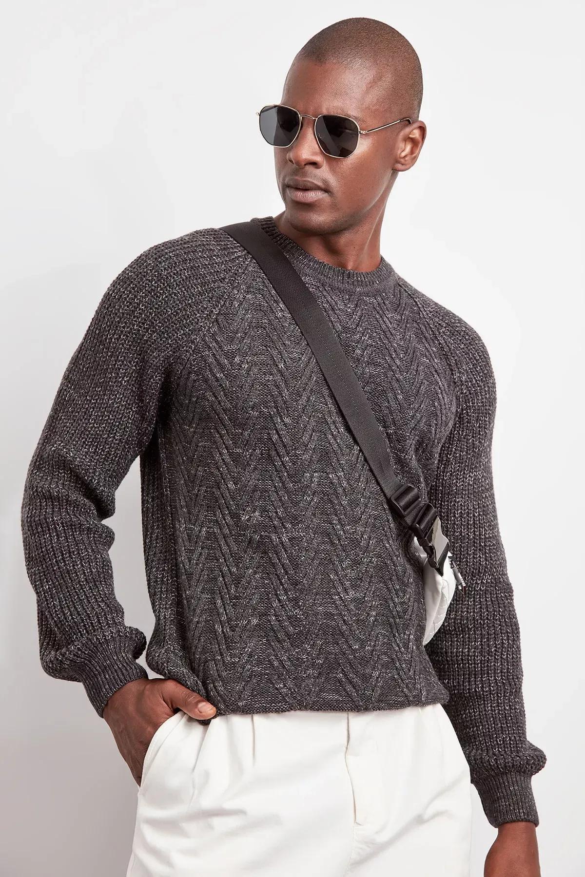 Anthracite Slim Cotton Crew Neck Knitwear Sweater TMNAW20MG0029, , large image number 0