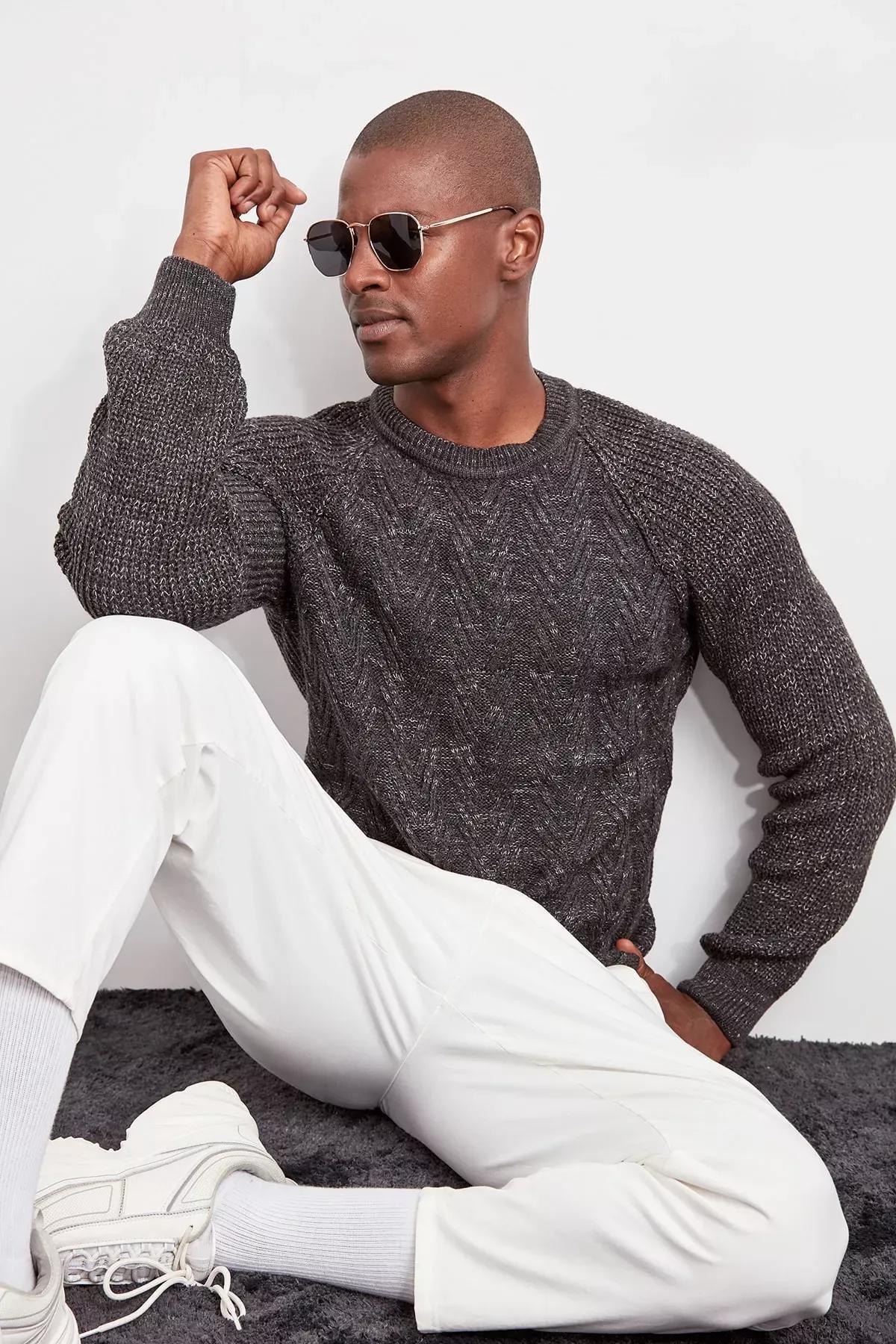 Anthracite Slim Cotton Crew Neck Knitwear Sweater TMNAW20MG0029, , large image number 1