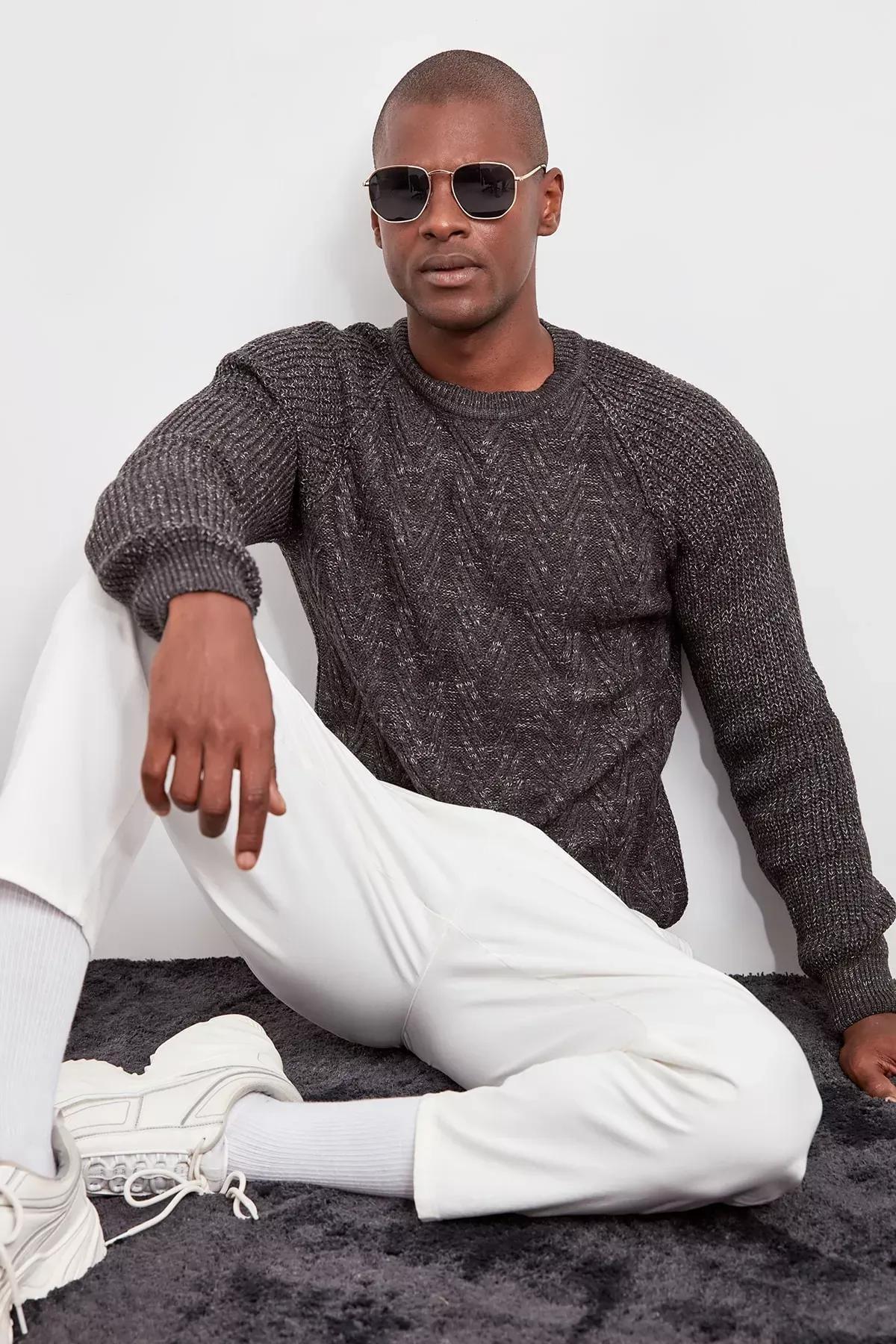 Anthracite Slim Cotton Crew Neck Knitwear Sweater TMNAW20MG0029, , large image number 2