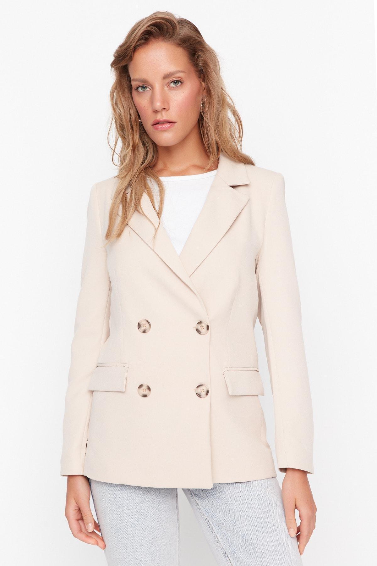 Beige Regular Lapel Collar Blazer, , large image number 0