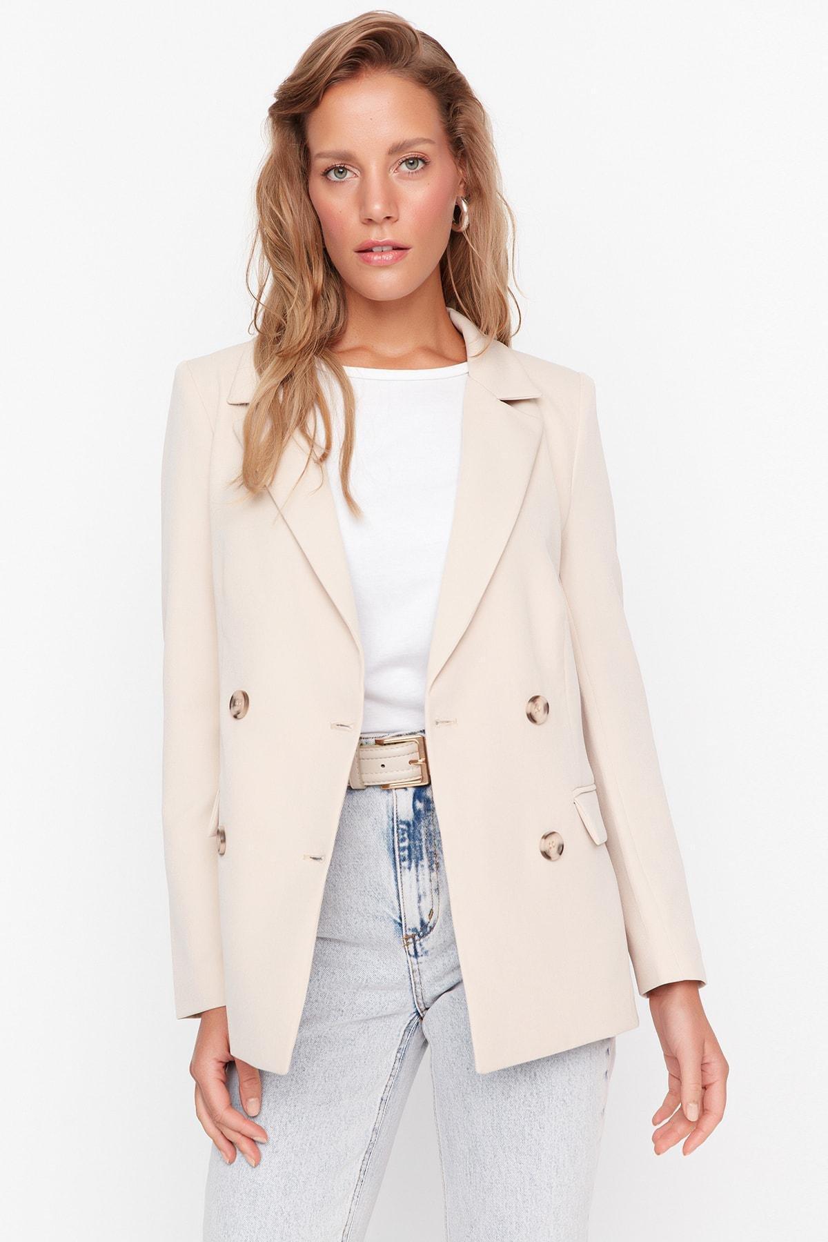 Beige Regular Lapel Collar Blazer, , large image number 2
