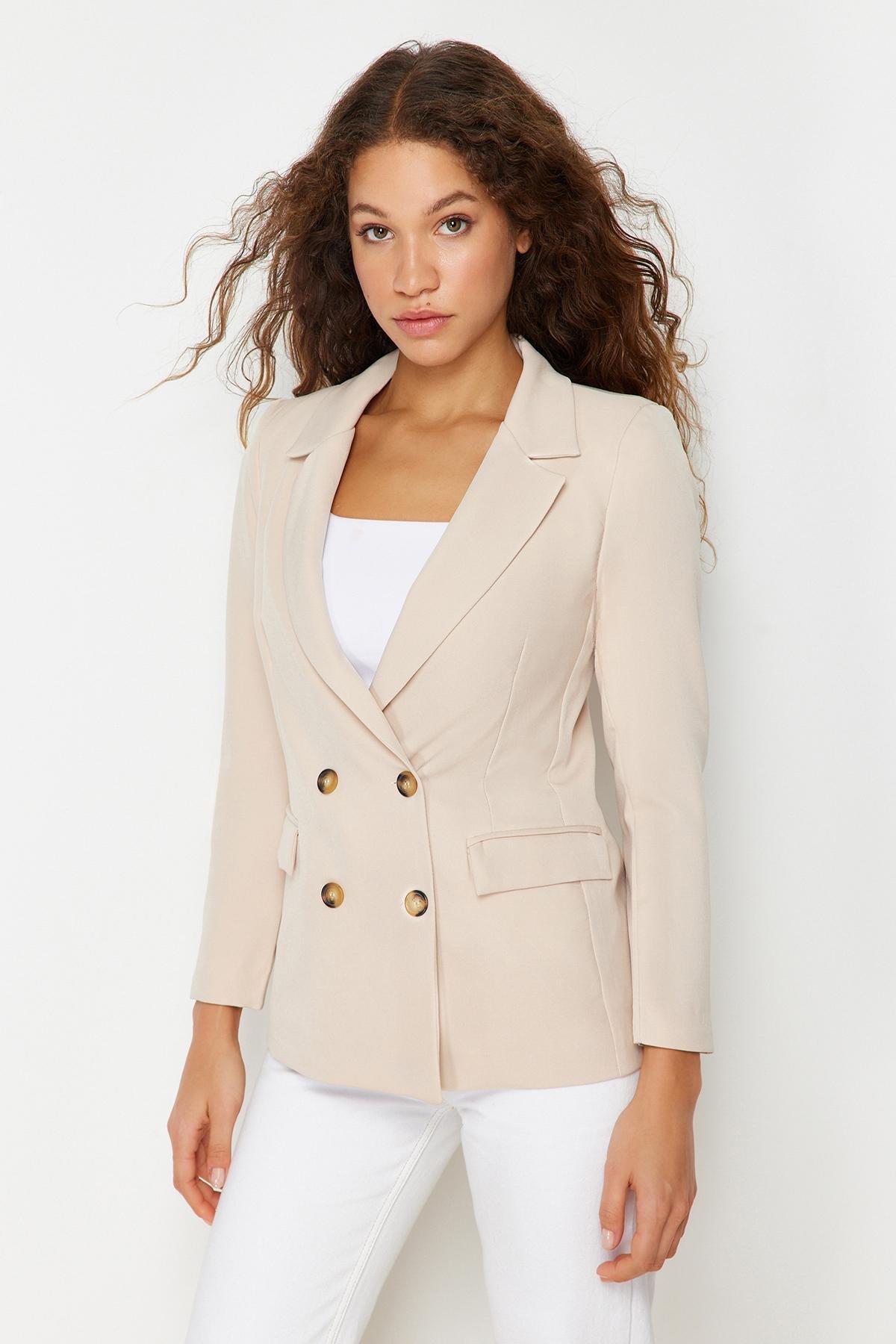 Beige Regular Lapel Collar Blazer, , large image number 5
