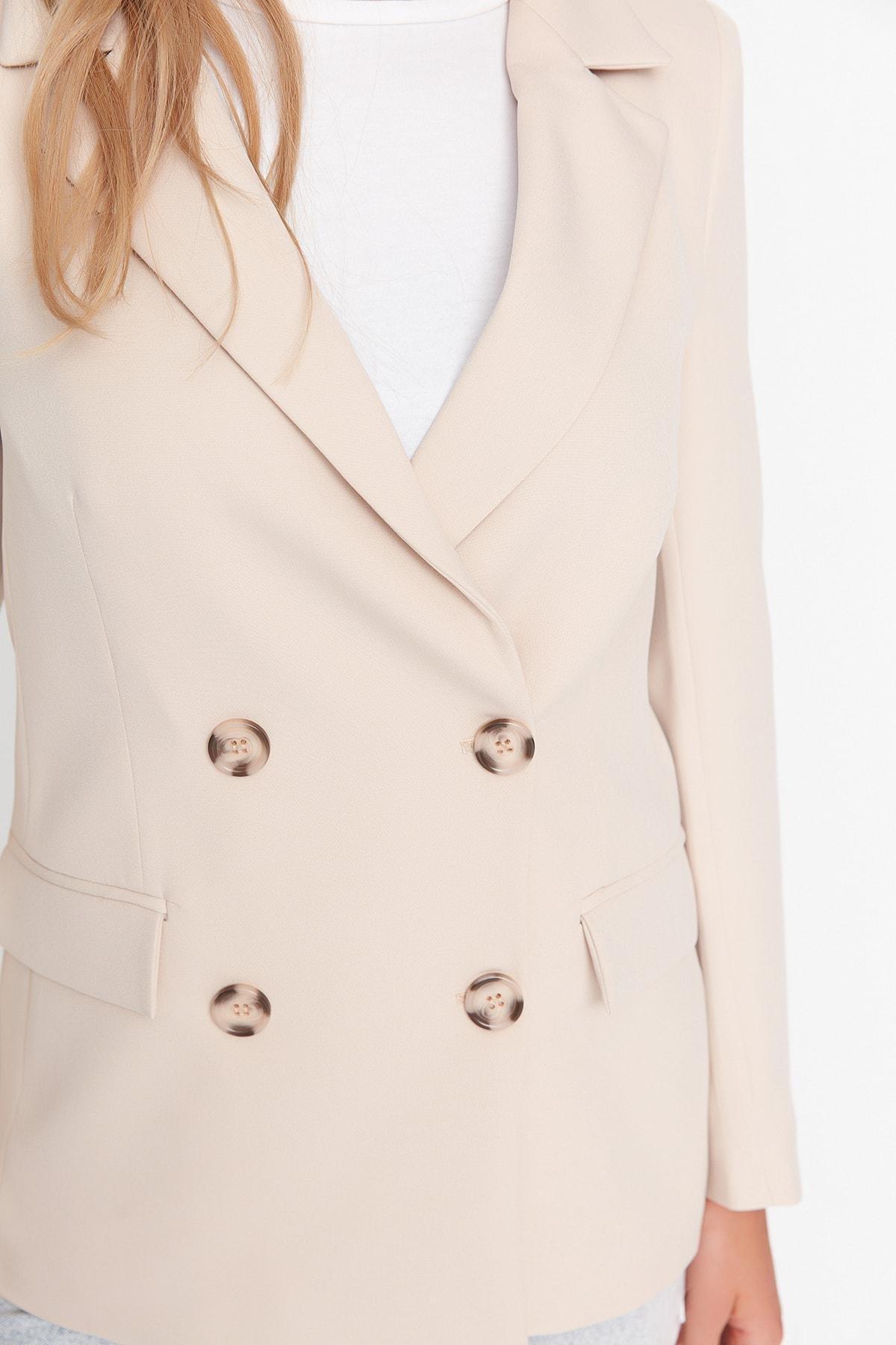 Beige Regular Lapel Collar Blazer, , large image number 6