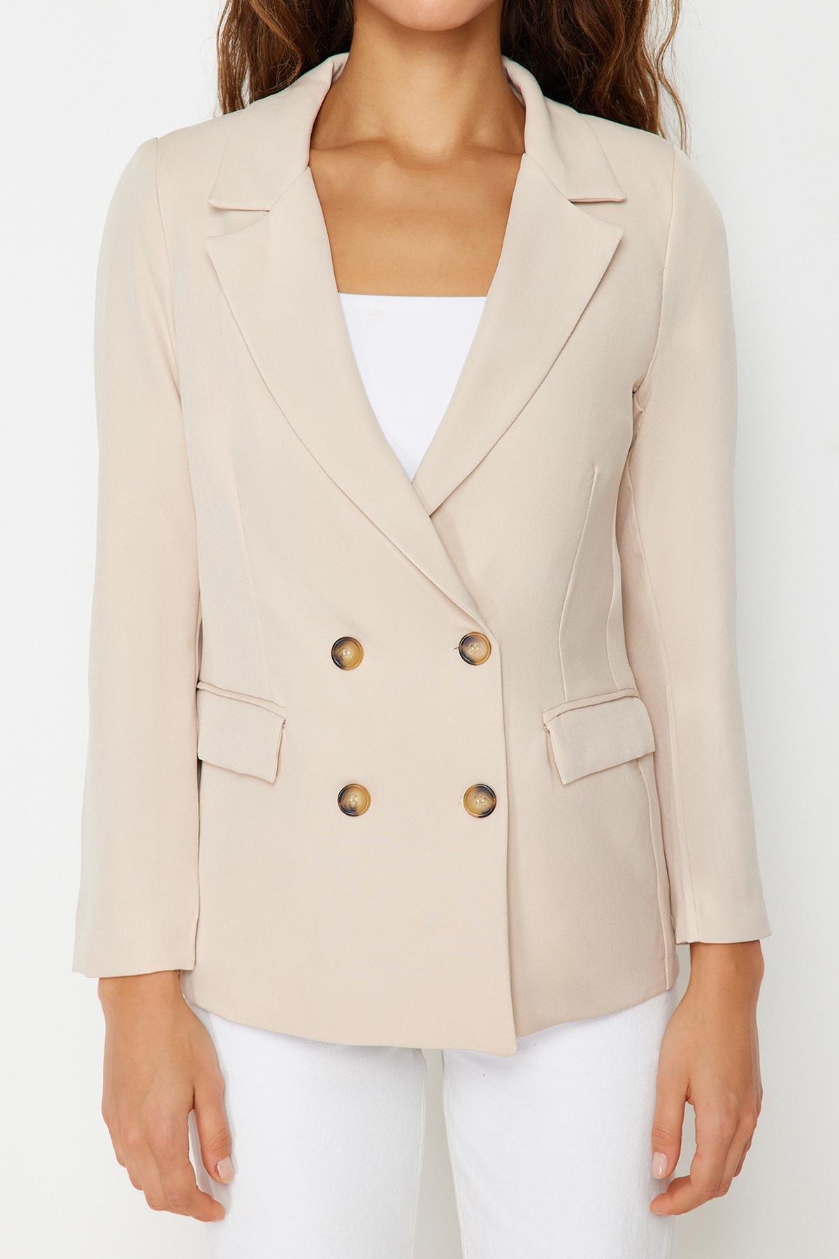 Beige Regular Lapel Collar Blazer, , large image number 7