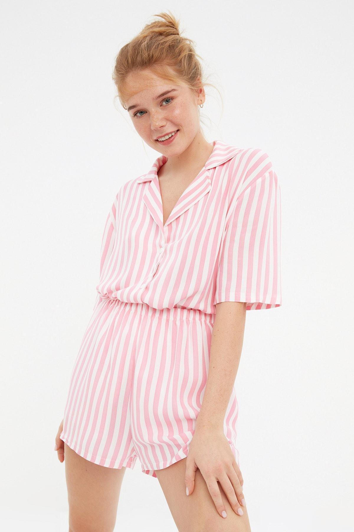 Trendyol - Pink Mid Waist Striped Pajama Set