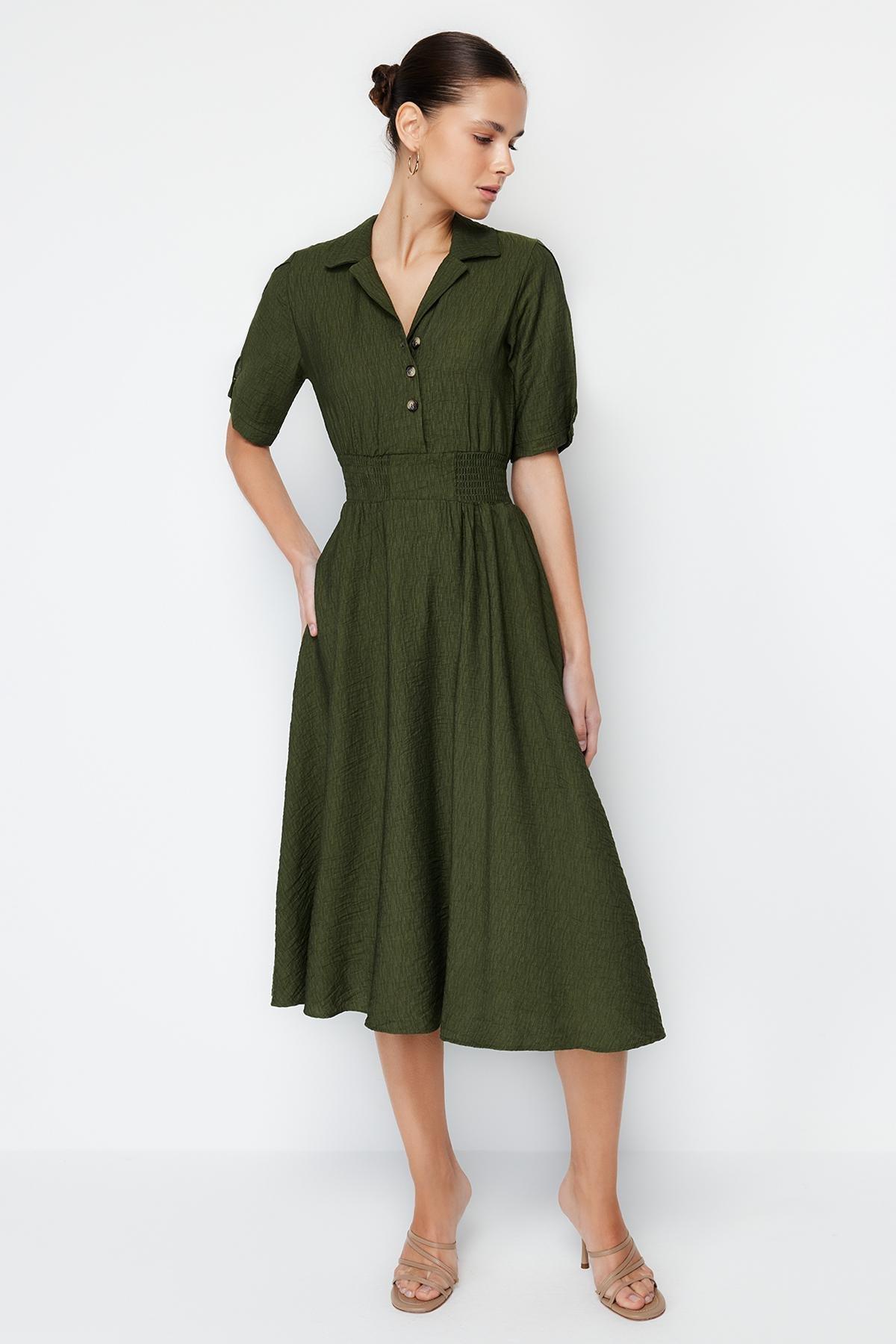Khaki A-Line Gimped Midi Dress, , large image number 0
