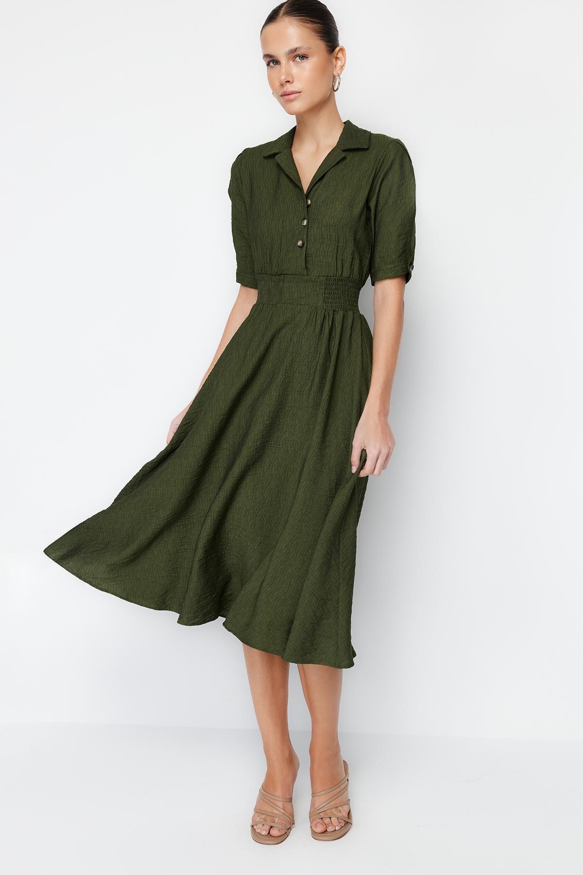 Khaki A-Line Gimped Midi Dress, , large image number 1