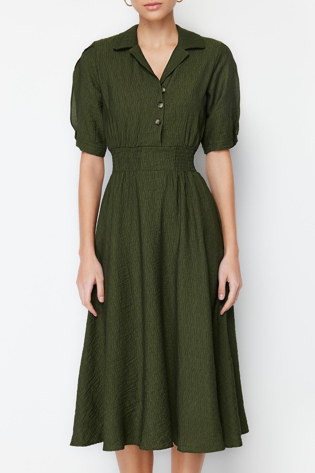 Khaki A-Line Gimped Midi Dress, , large image number 2