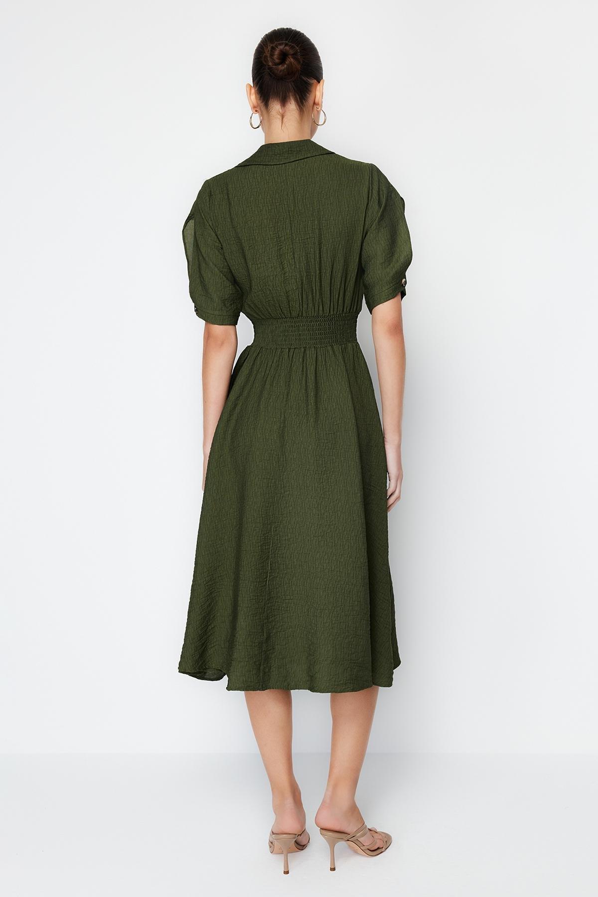 Khaki A-Line Gimped Midi Dress, , large image number 4