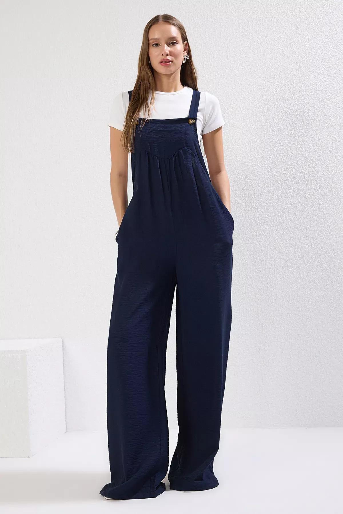 Blue Wide Leg Linen Jumpsuit, Navy blue, large image number 0