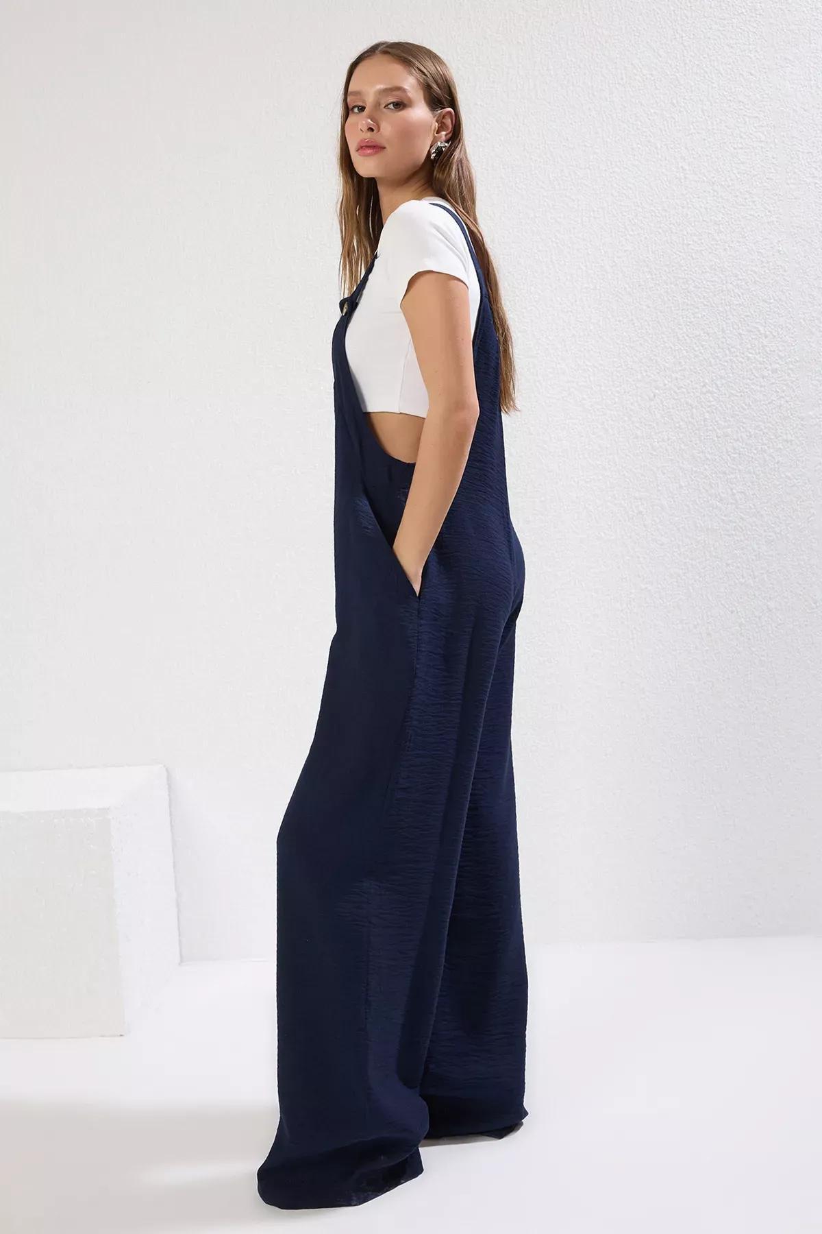 Blue Wide Leg Linen Jumpsuit, Navy blue, large image number 1