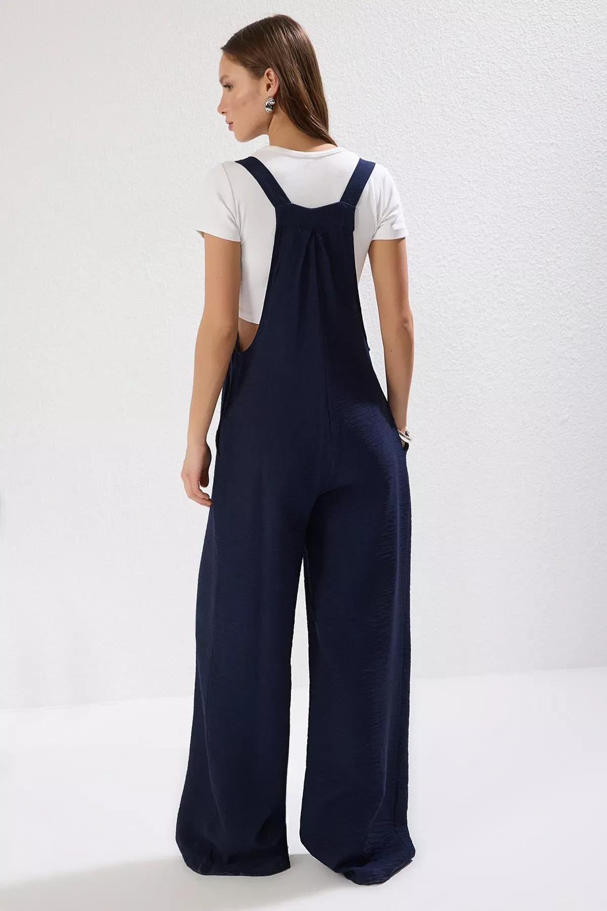 Blue Wide Leg Linen Jumpsuit, Navy blue, large image number 3