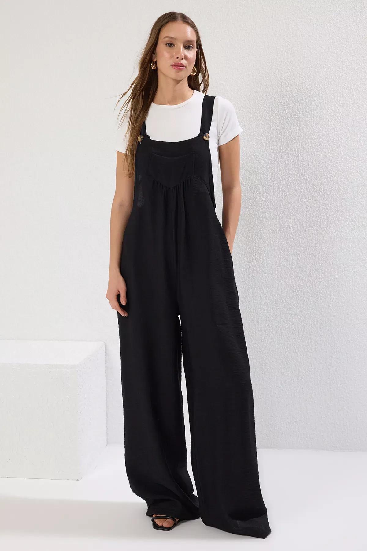 Black Relaxed Square Collar Jumpsuit, , large image number 0