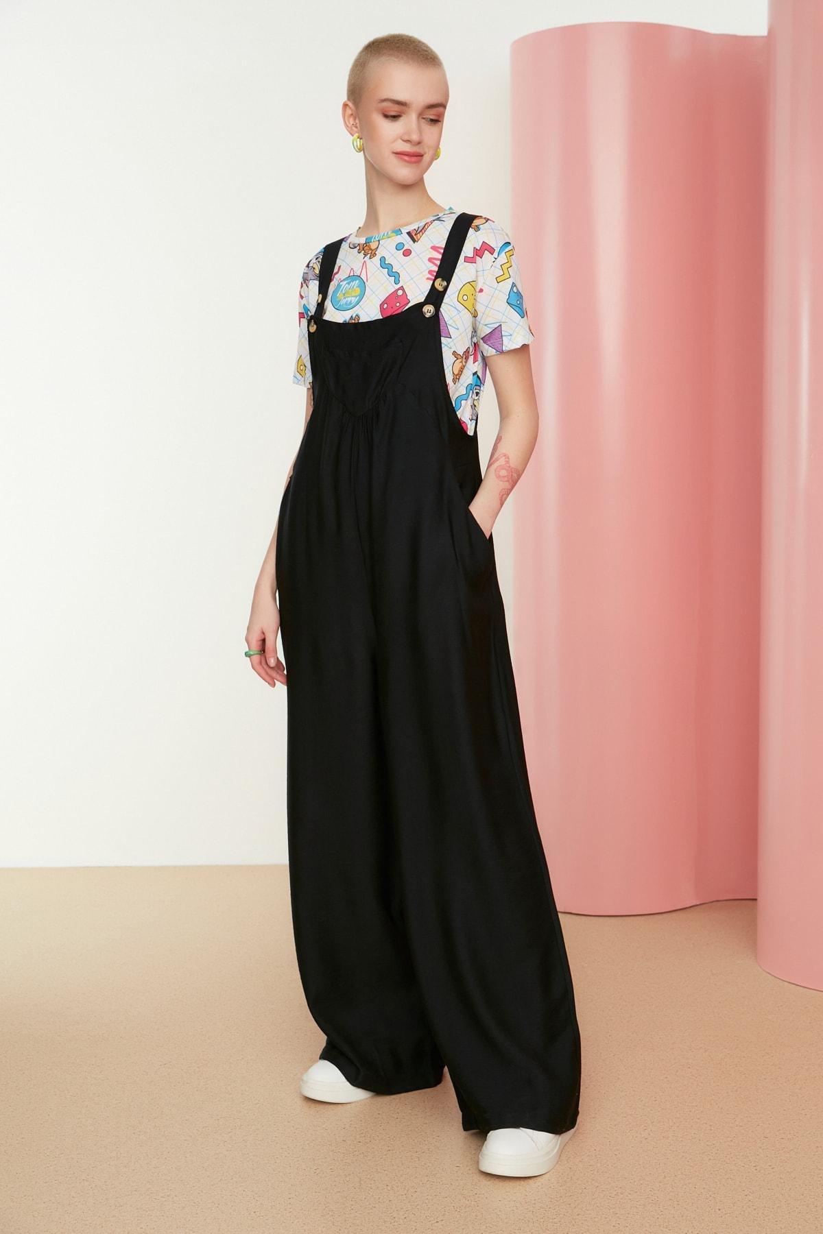 Black Relaxed Square Collar Jumpsuit, , large image number 1