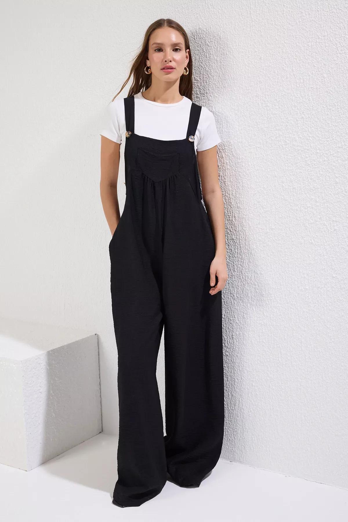 Black Relaxed Square Collar Jumpsuit, , large image number 1