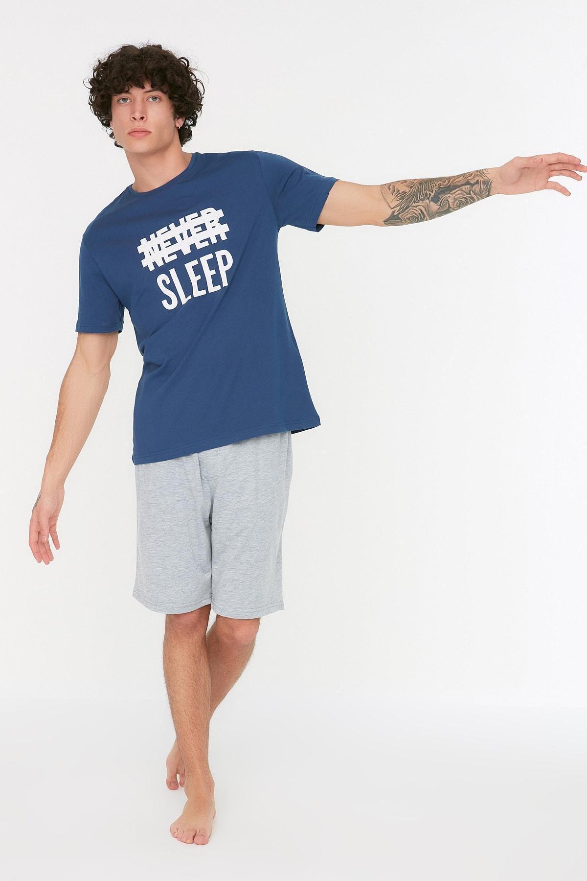 Blue Printed Boat Neck Pajama Set, Blue, medium