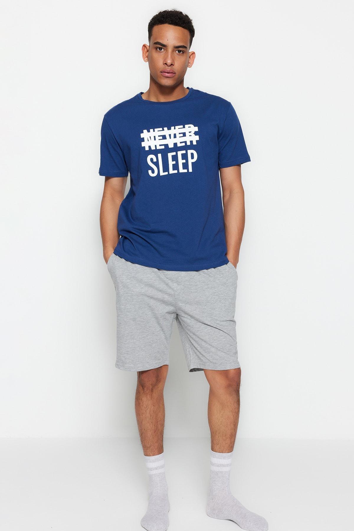 Blue Printed Boat Neck Pajama Set, , large image number 1