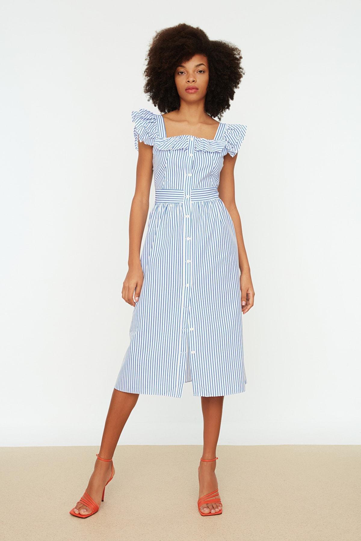 Blue Striped Shirt Dress, Blue, large image number 1