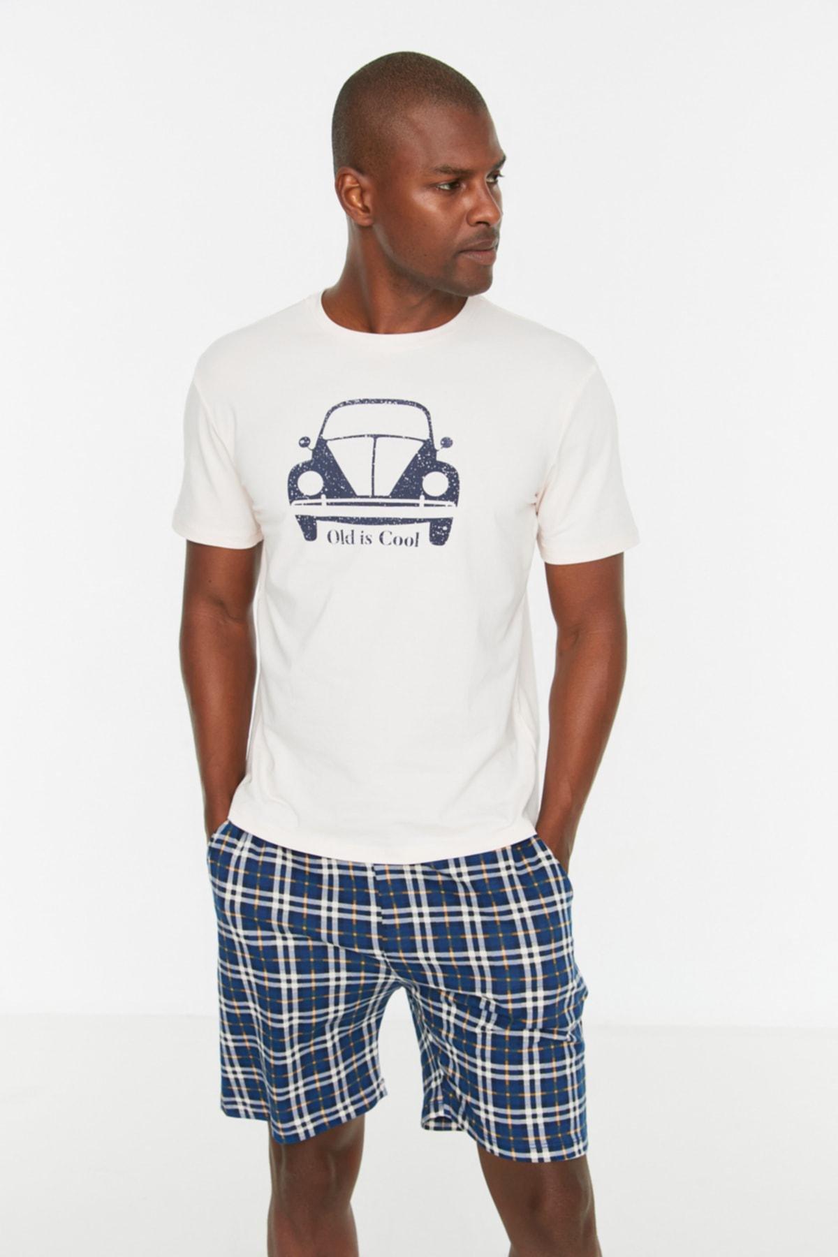 White Printed Plaid Pyjama Set, , large image number 0