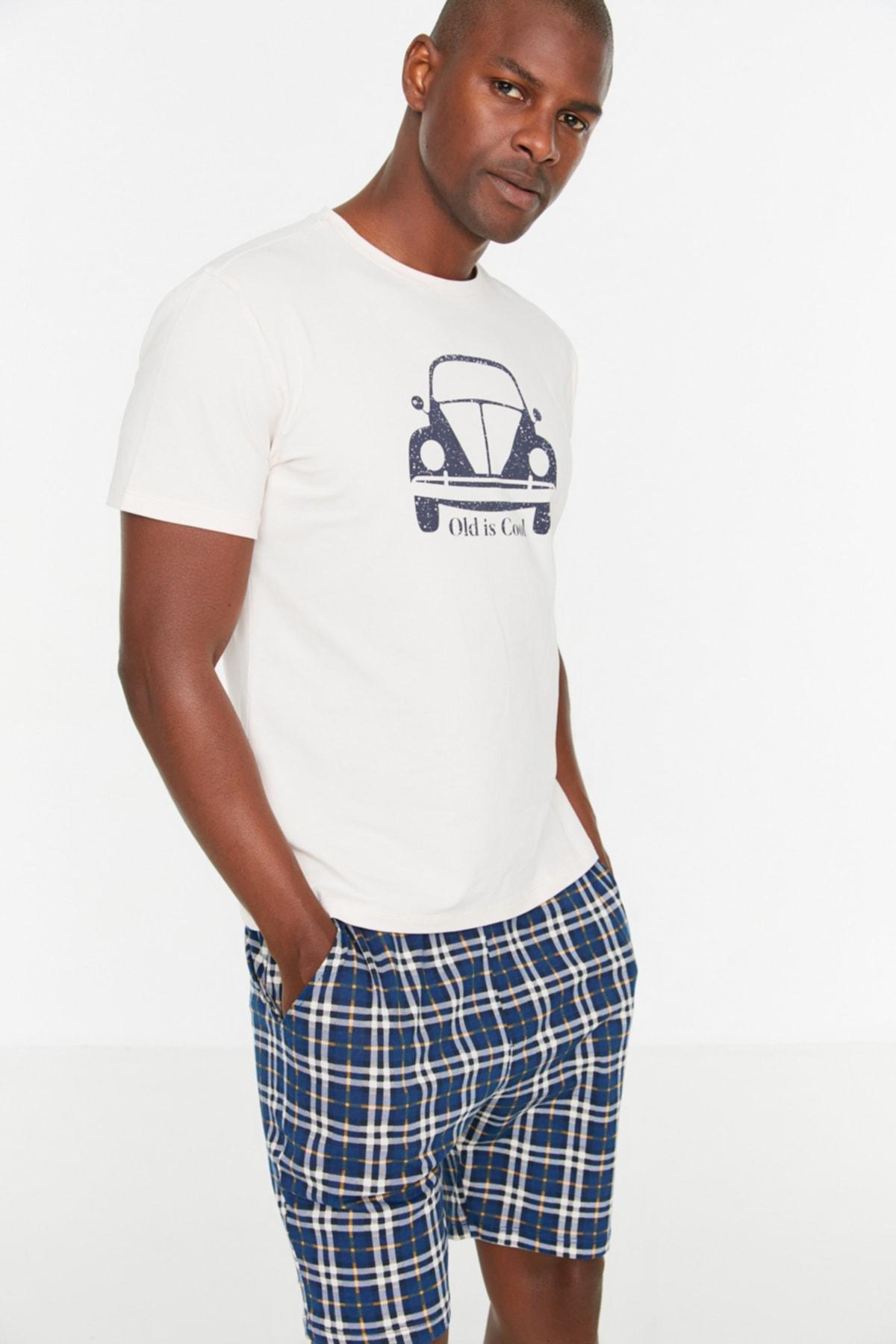 White Printed Plaid Pyjama Set, , large image number 1