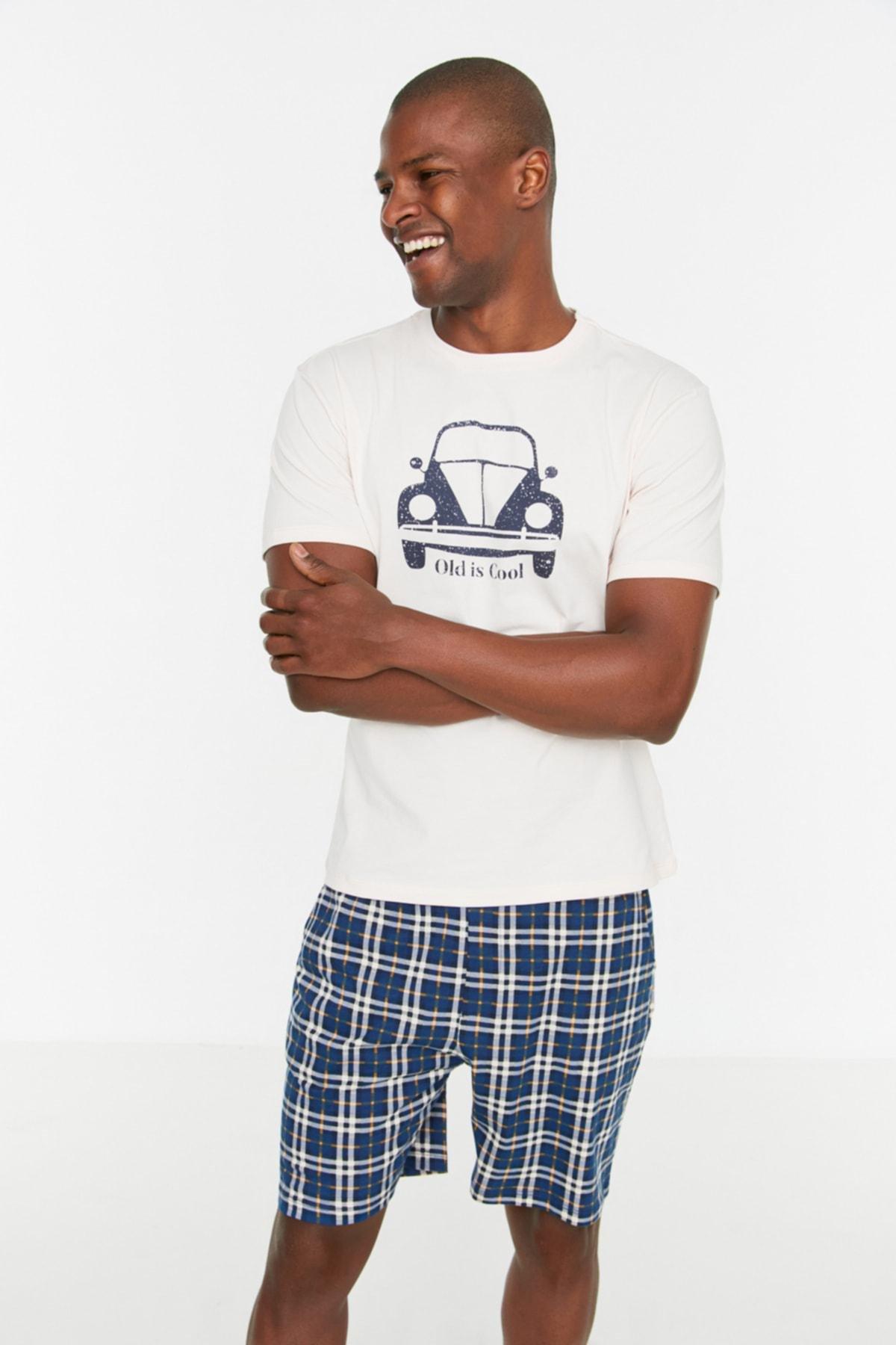 White Printed Plaid Pyjama Set, , large image number 3