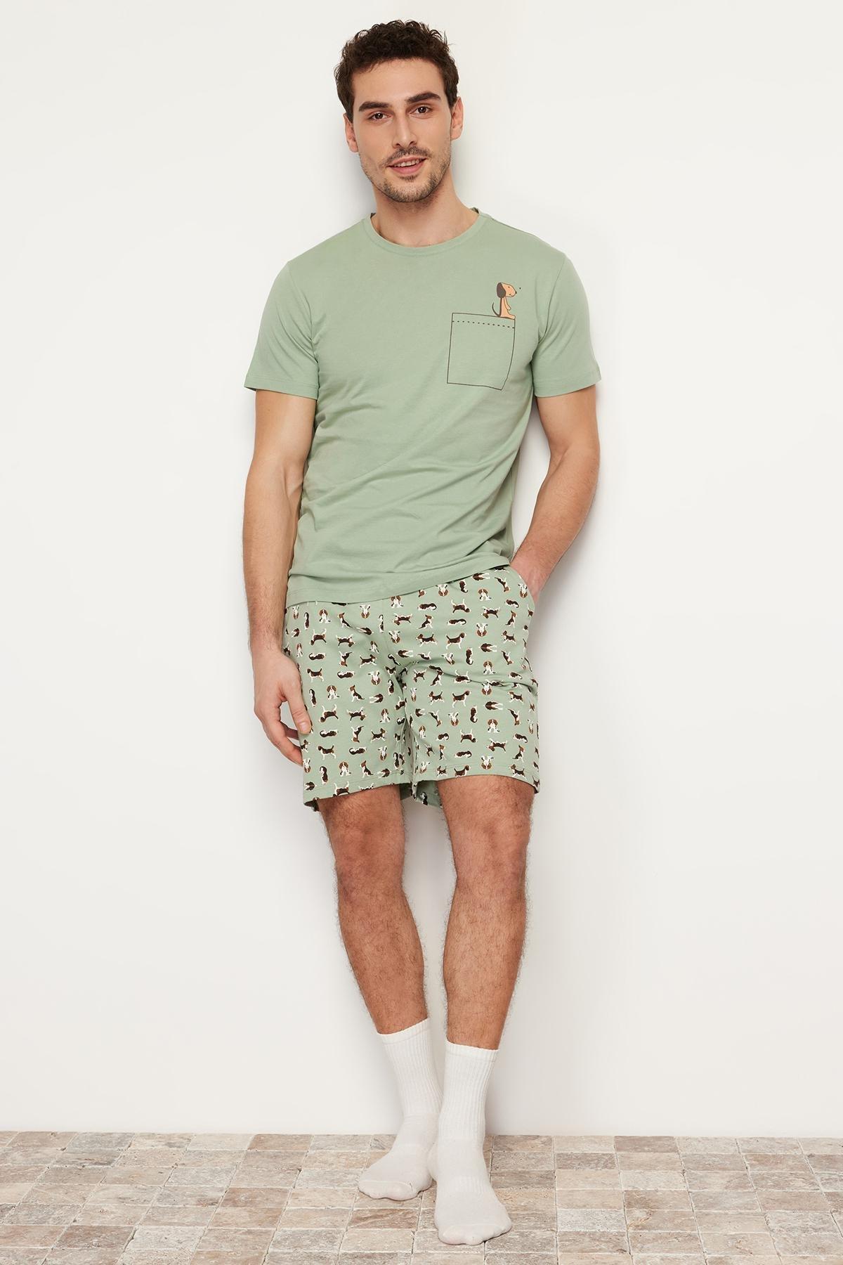 Green Printed Knitted Pyjamas Set, , large image number 0