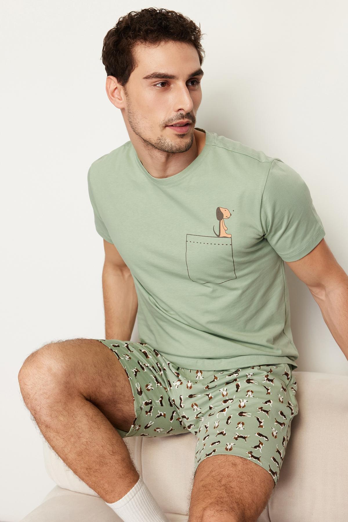 Green Printed Knitted Pyjamas Set, , large image number 1