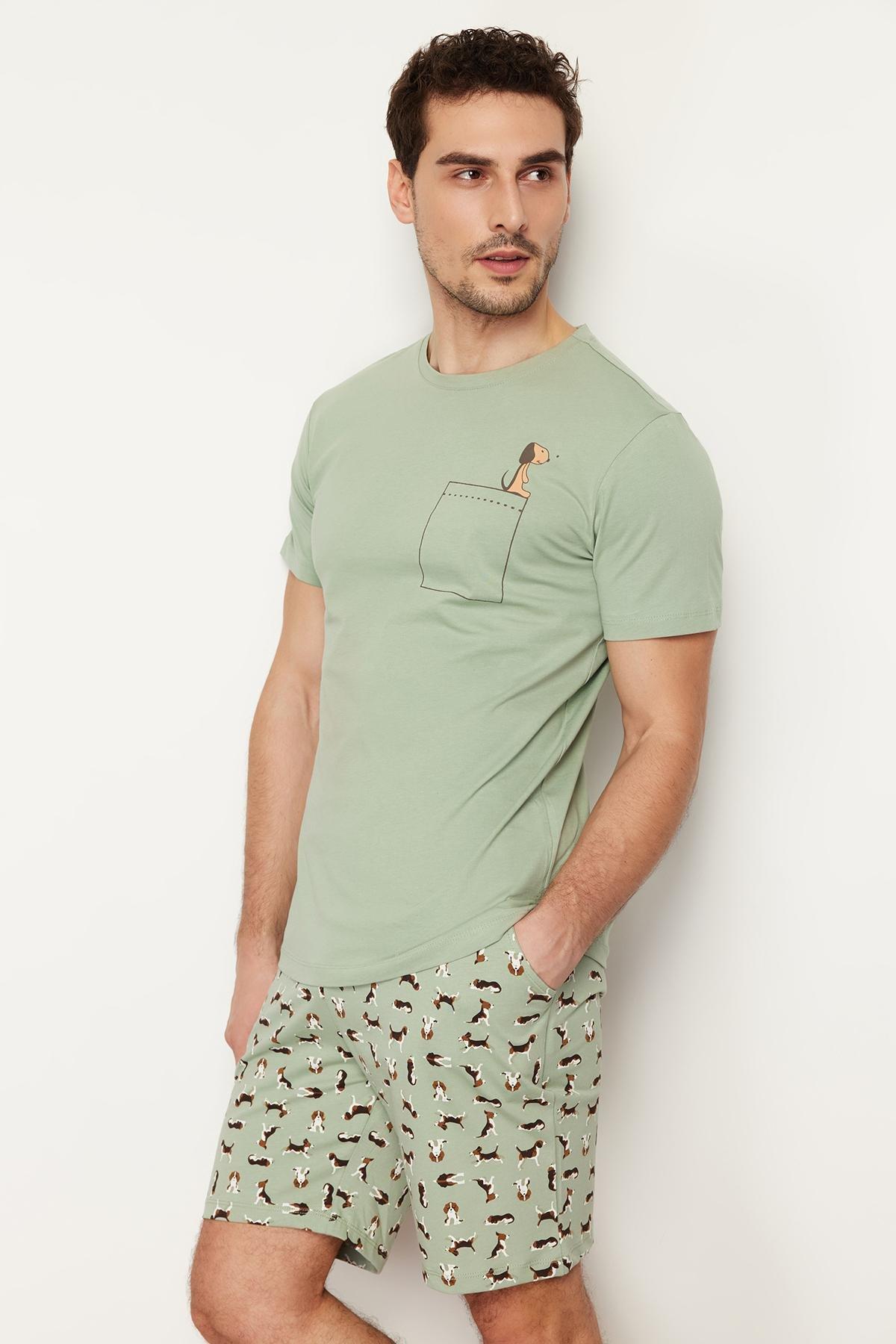 Green Printed Knitted Pyjamas Set, Green, medium