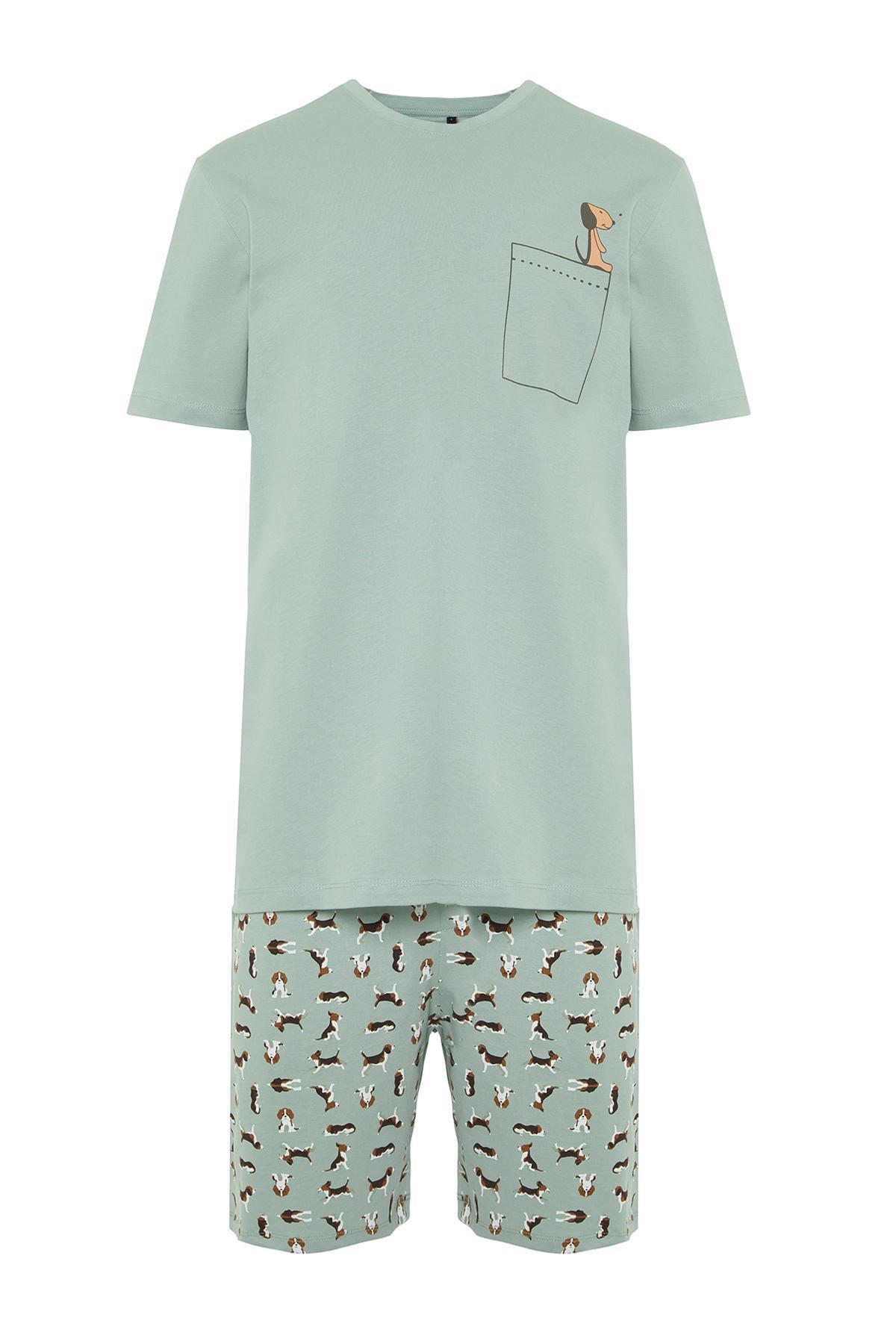 Green Printed Knitted Pyjamas Set, , large image number 5