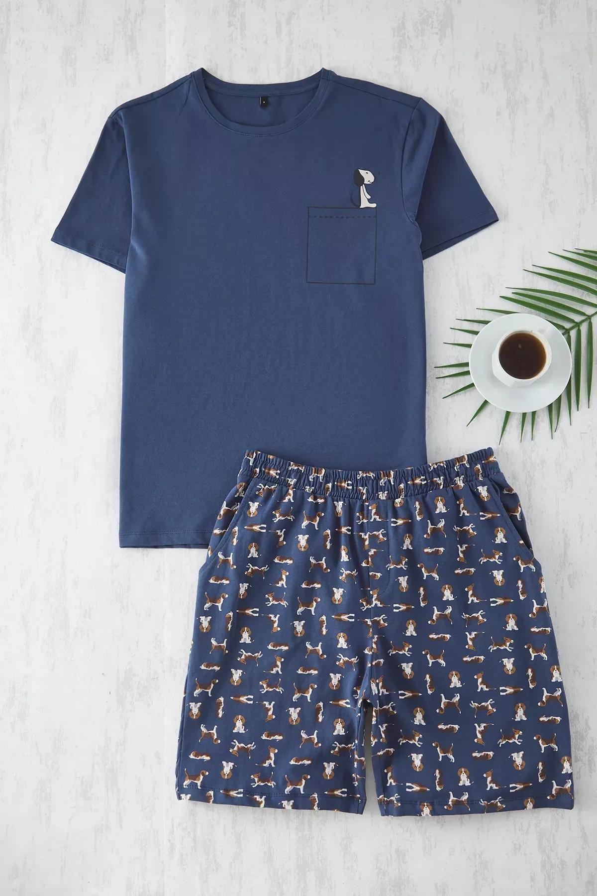 Blue Dog Patterned Knitted Pajama Set, , large image number 0