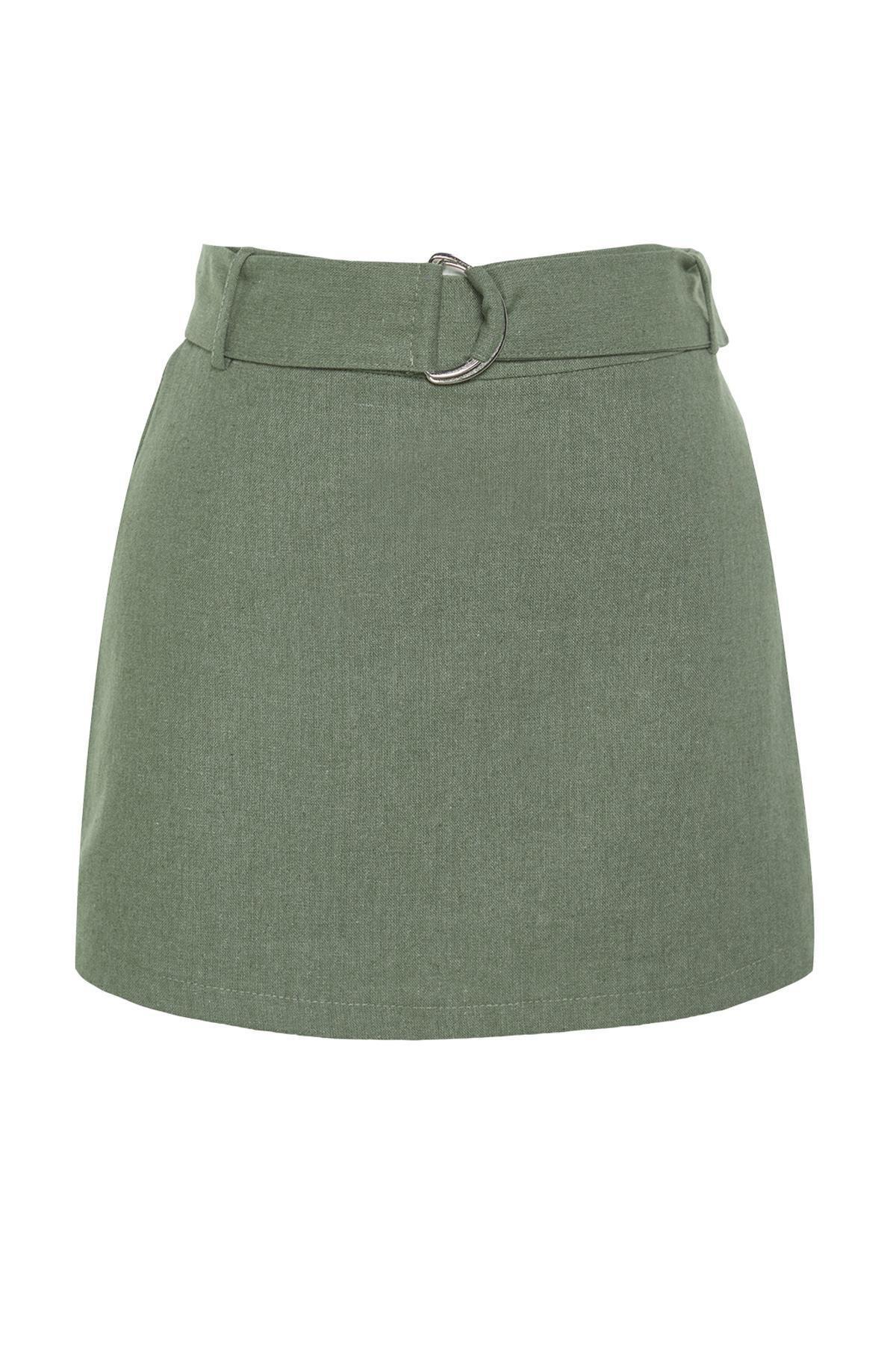 Khaki Belted Blended Mini Skirt, , large image number 5