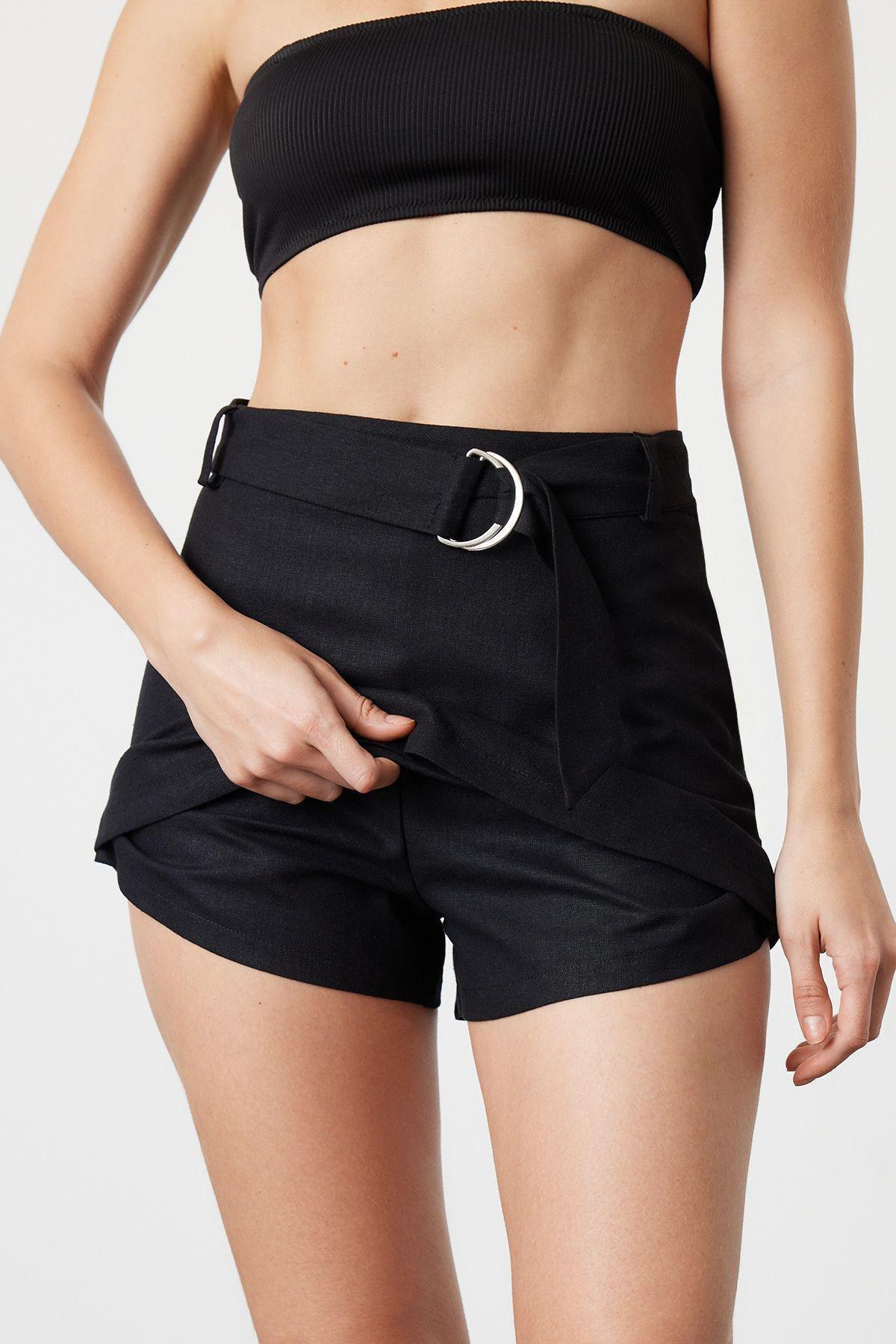Black Belted Linen Blend Beach Skort, , large image number 4