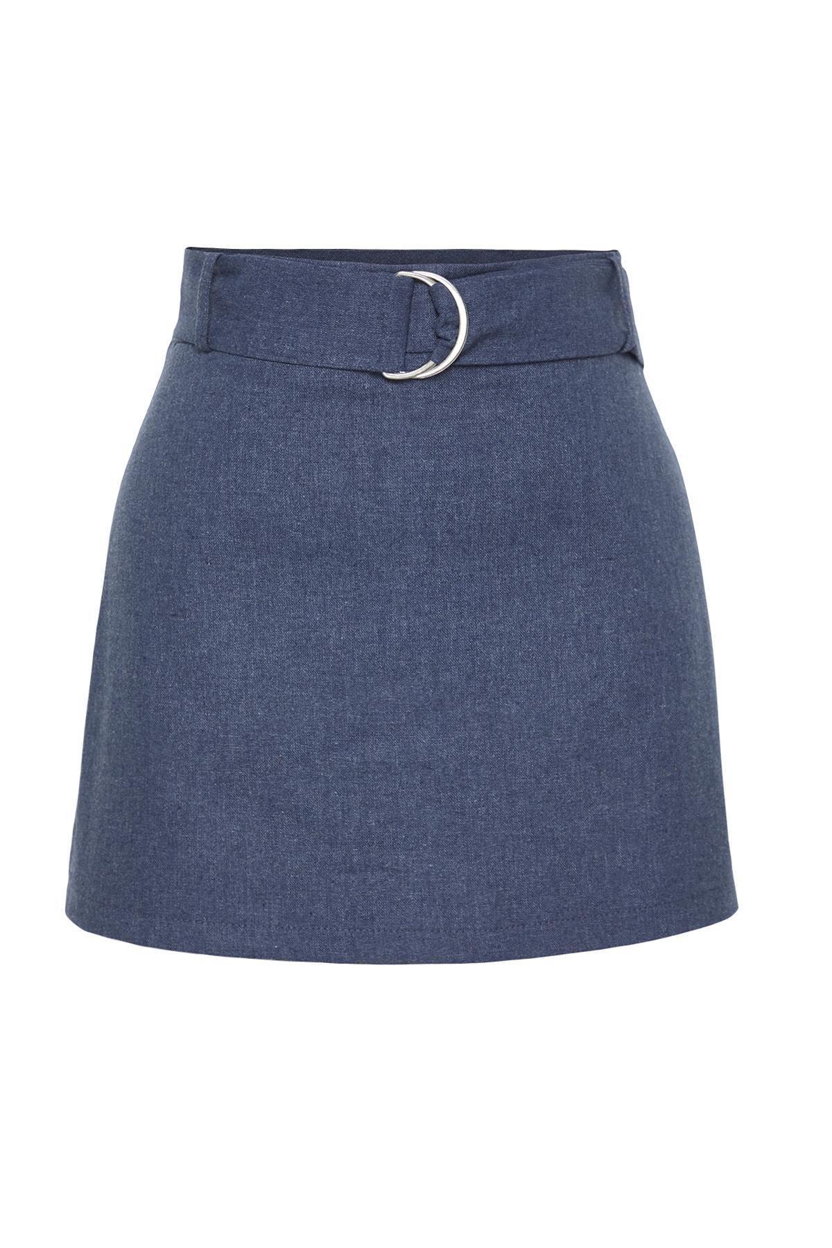 Blue Mini Linen-Blend Skirt, , large image number 5