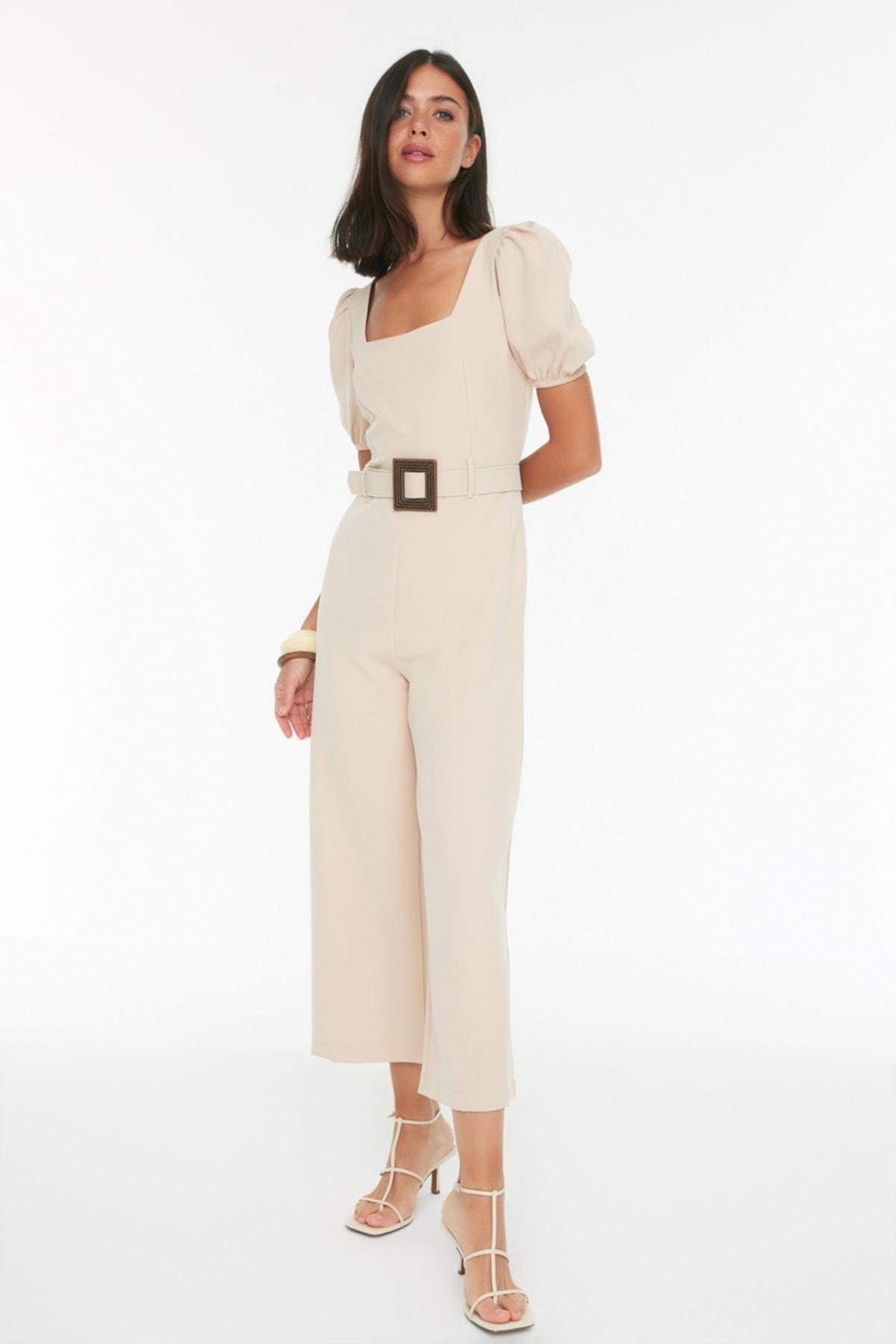 Beige Balloon Sleeve Jumpsuit, Beige, large image number 1