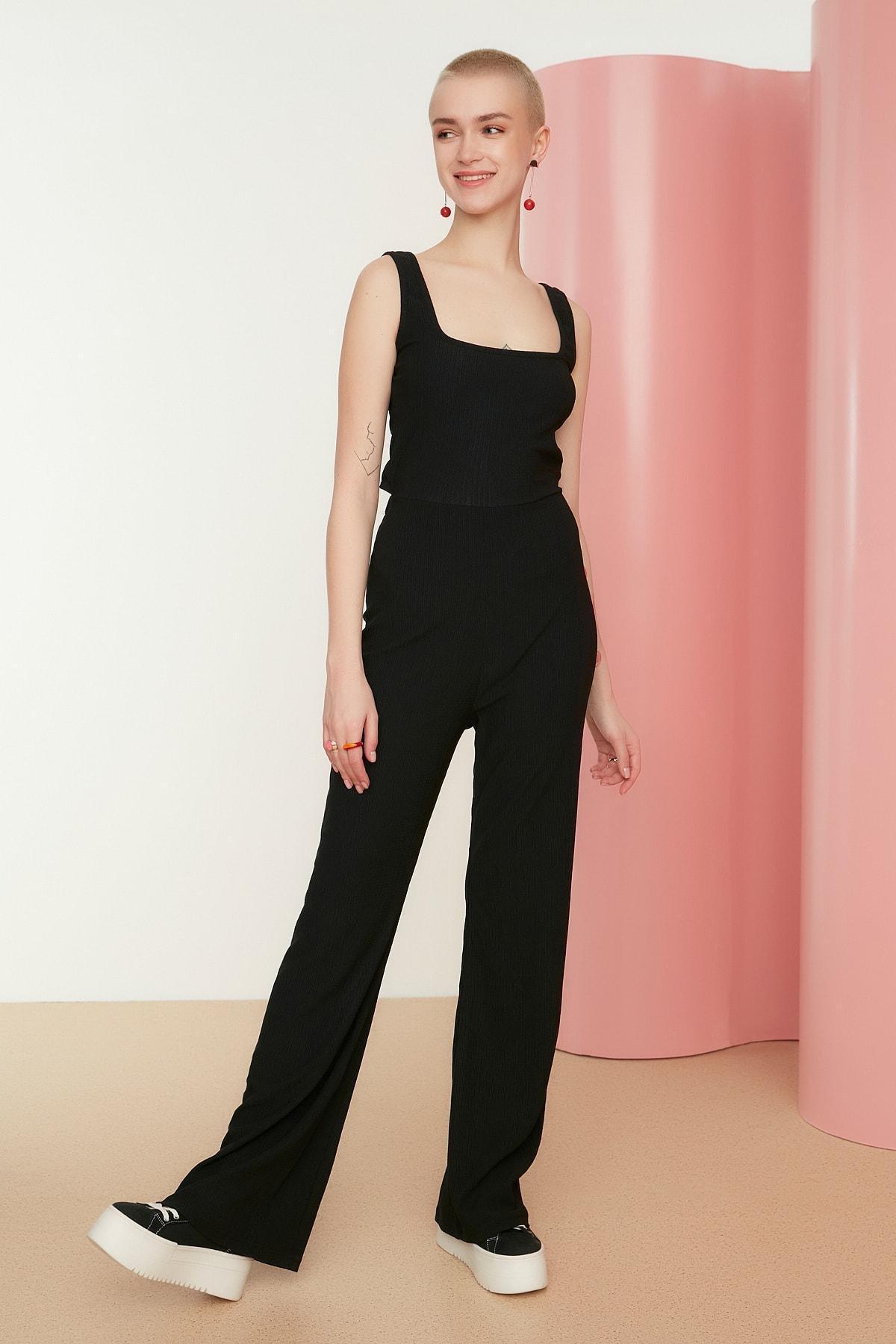 Black Slim Square Collar Jumpsuit, , large image number 0