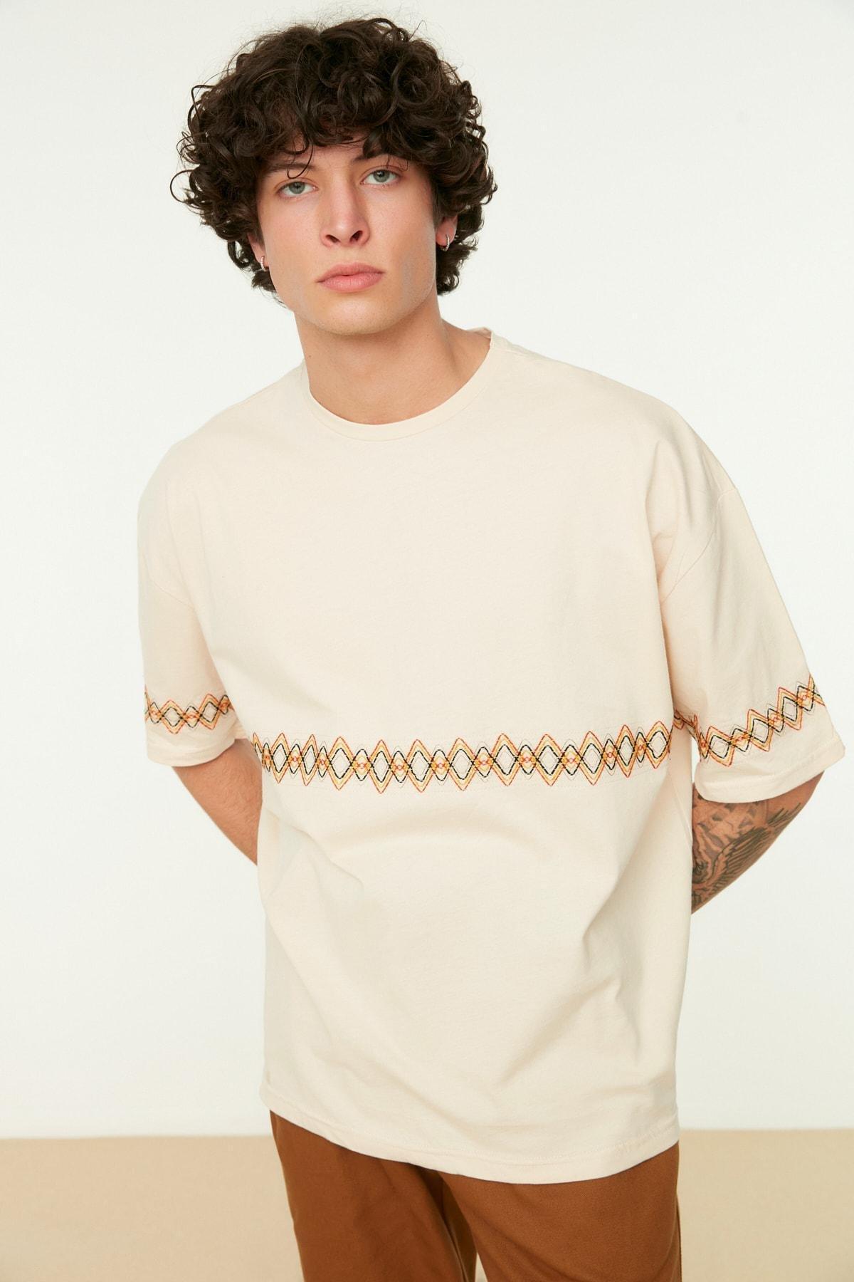 Beige Oversize Crew Neck T-Shirt, , large image number 1