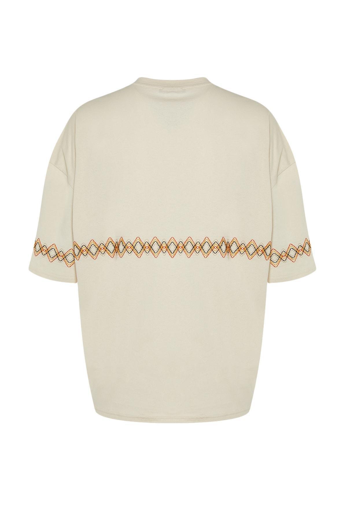 Beige Oversize Crew Neck T-Shirt, , large image number 7