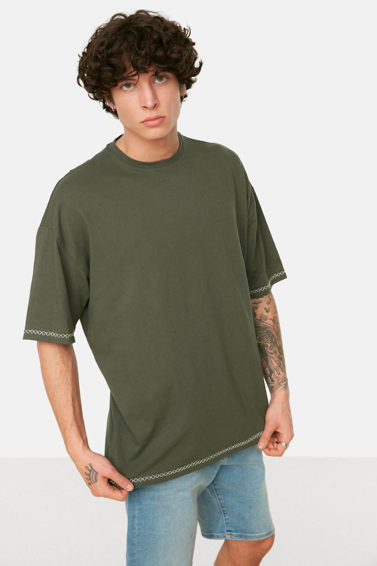 Khaki Oversize Crew Neck Tshirt, , large image number 0