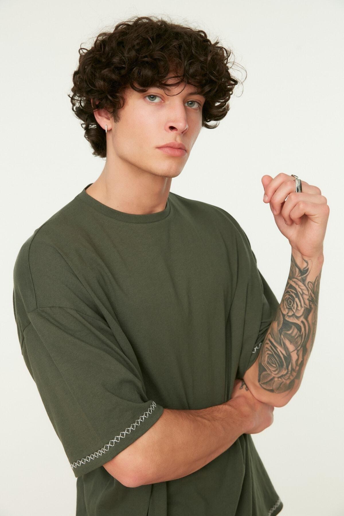Khaki Oversize Crew Neck Tshirt, , large image number 1