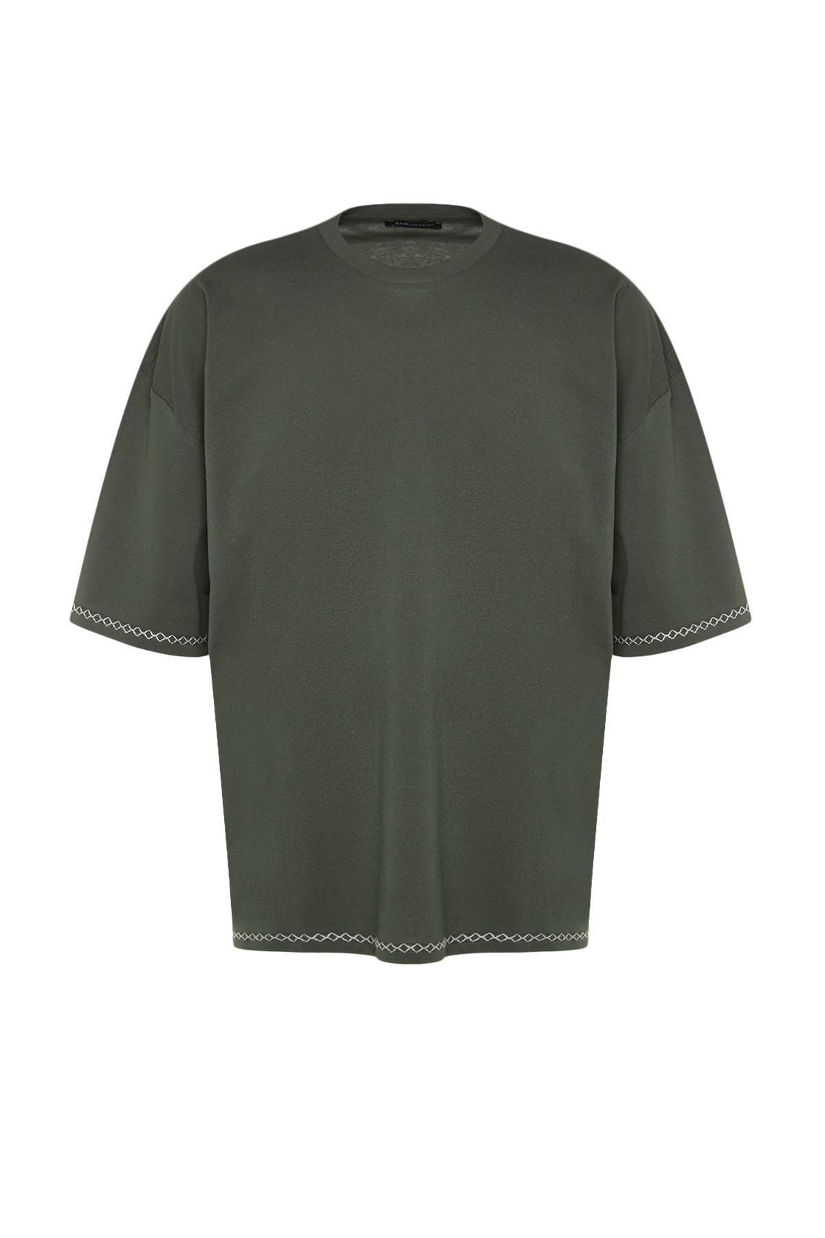 Khaki Oversize Crew Neck Tshirt, , large image number 5