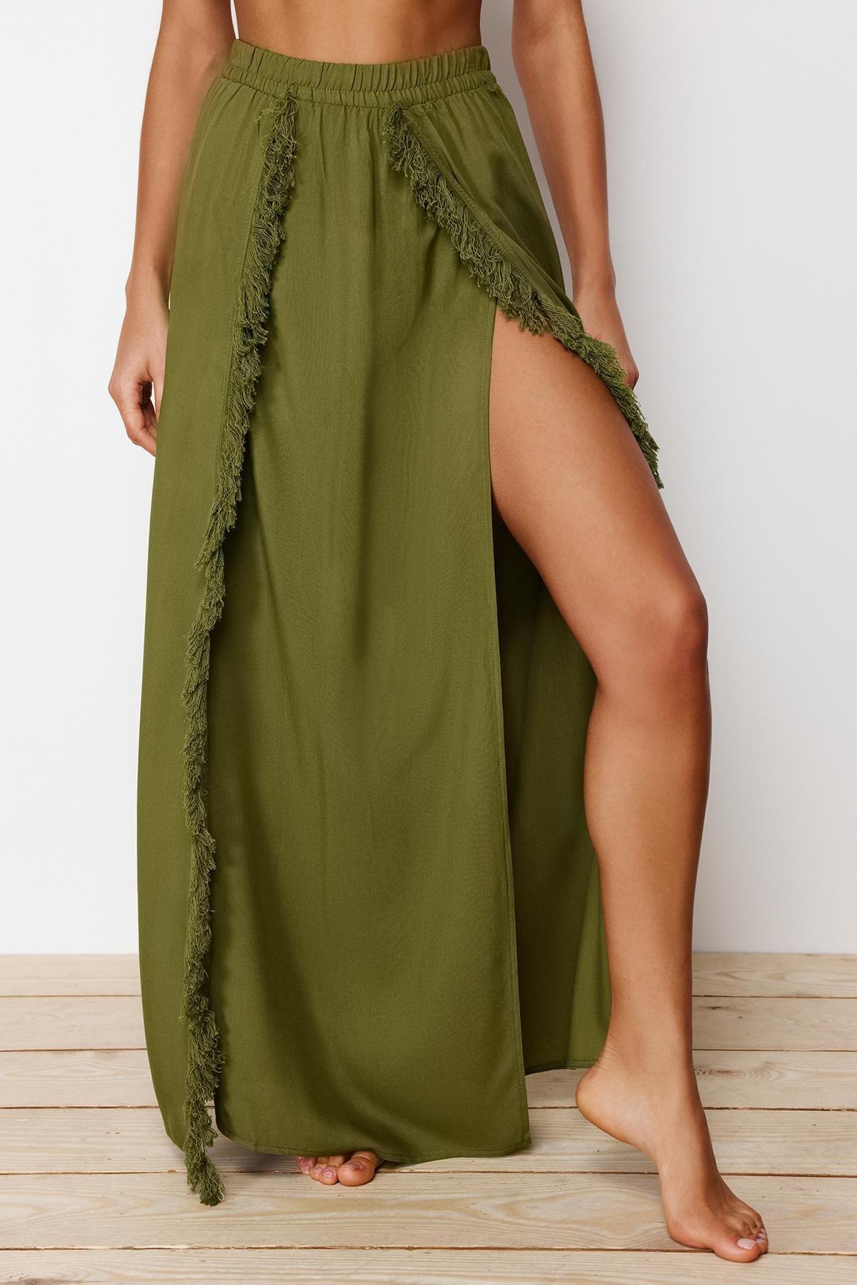 Khaki Maxi Woven Tasselled Skirt, , large image number 3