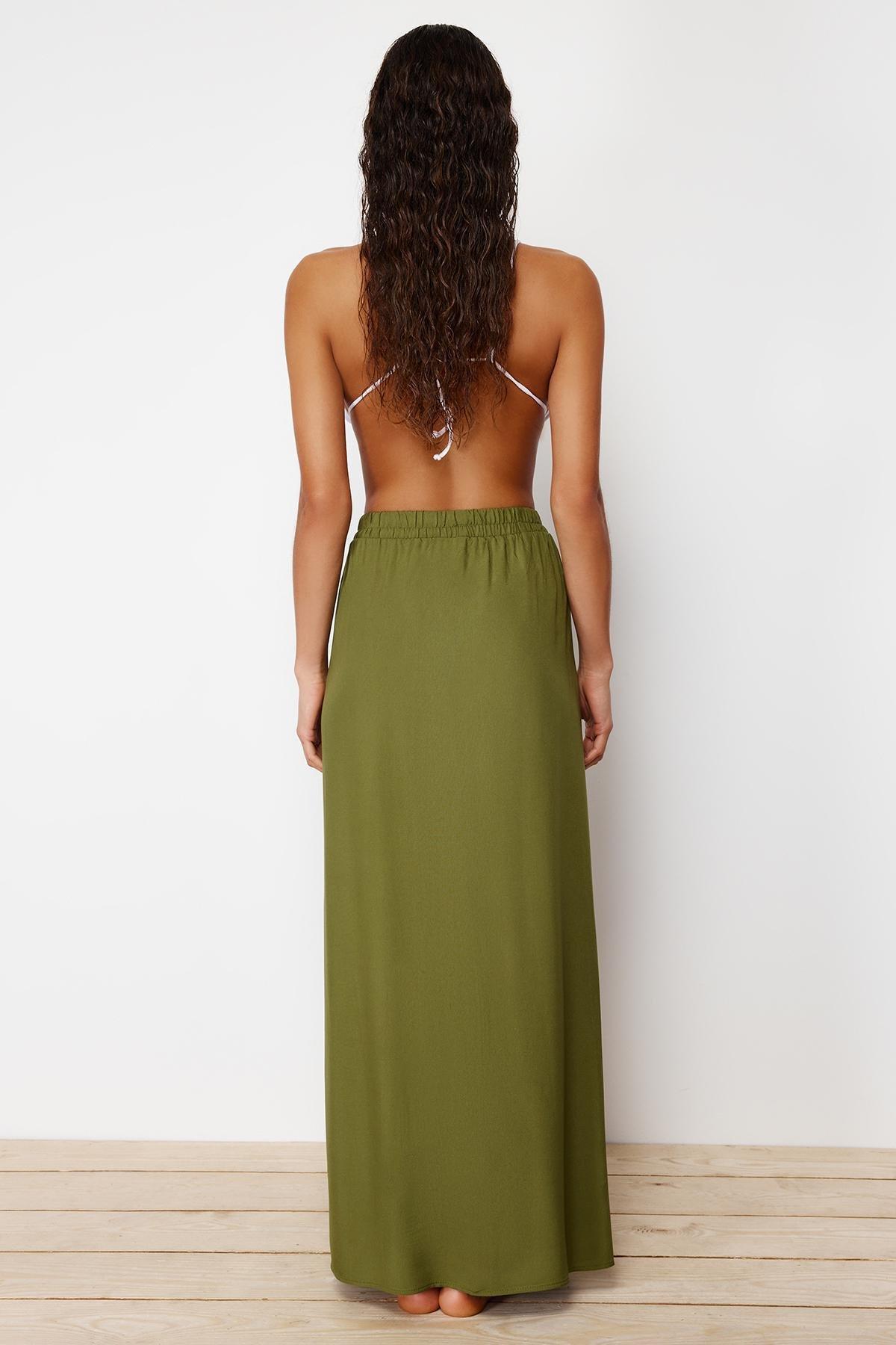 Khaki Maxi Woven Tasselled Skirt, , large image number 4