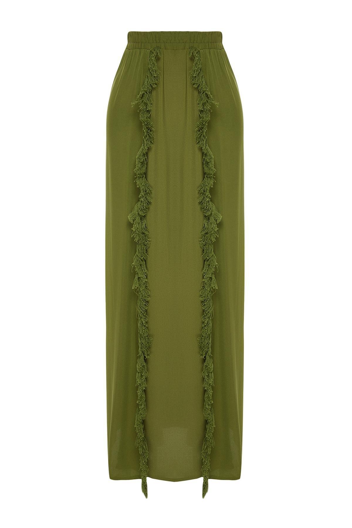 Khaki Maxi Woven Tasselled Skirt, , large image number 5