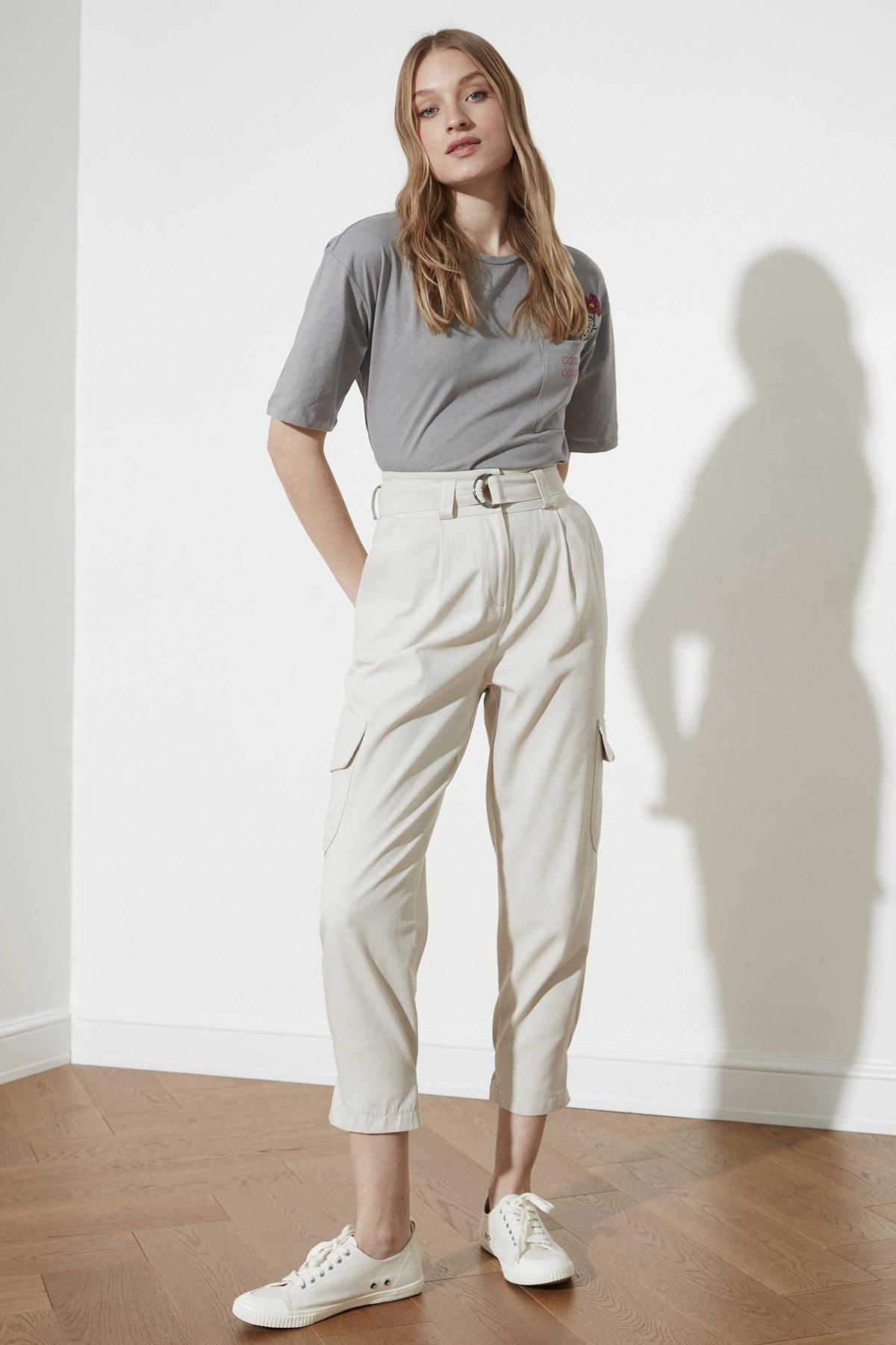 Beige Cargo High Waist Pants, Beige, medium