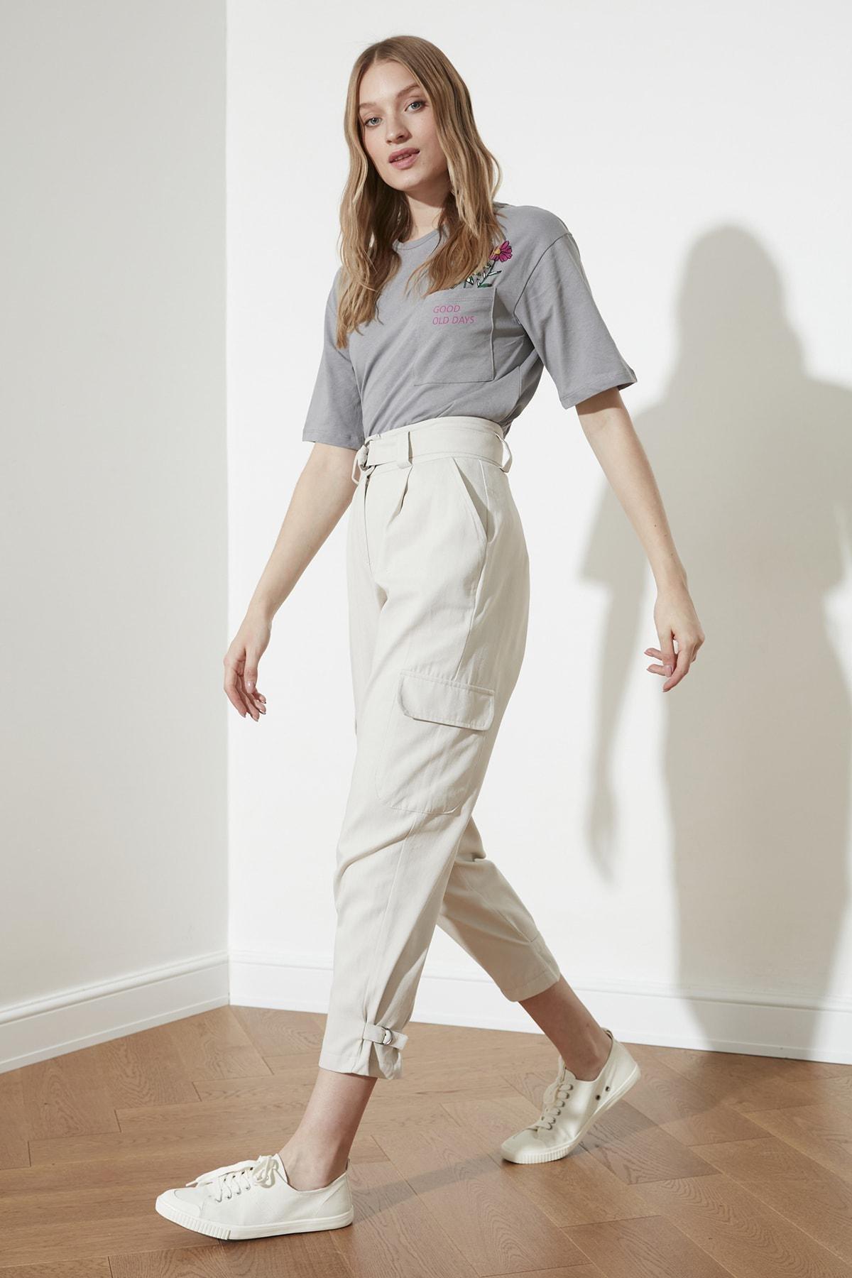 Beige Cargo High Waist Pants, , large image number 1
